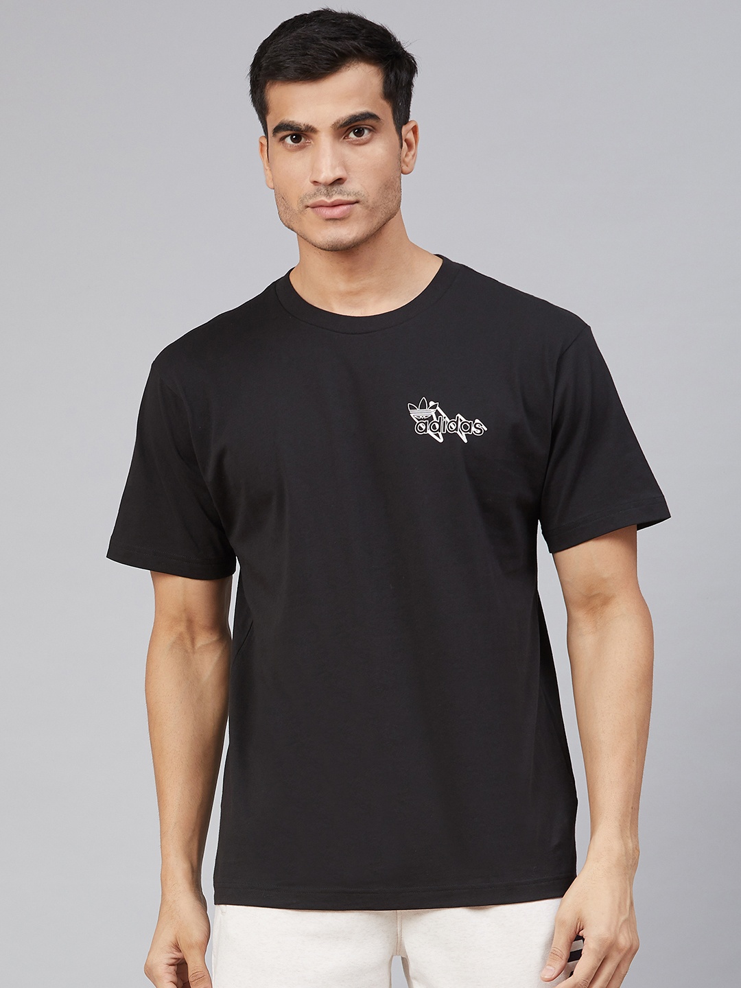 

ADIDAS Originals Men Black Brush Stroke 2 Brand Logo Back Printed Pure Cotton T-shirt