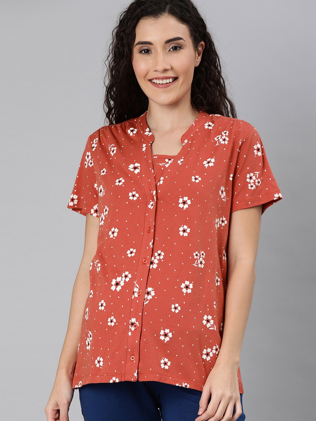 

Nejo Women Rust Orange & White Printed Shirt Style Maternity & Nursing Pure Cotton Top