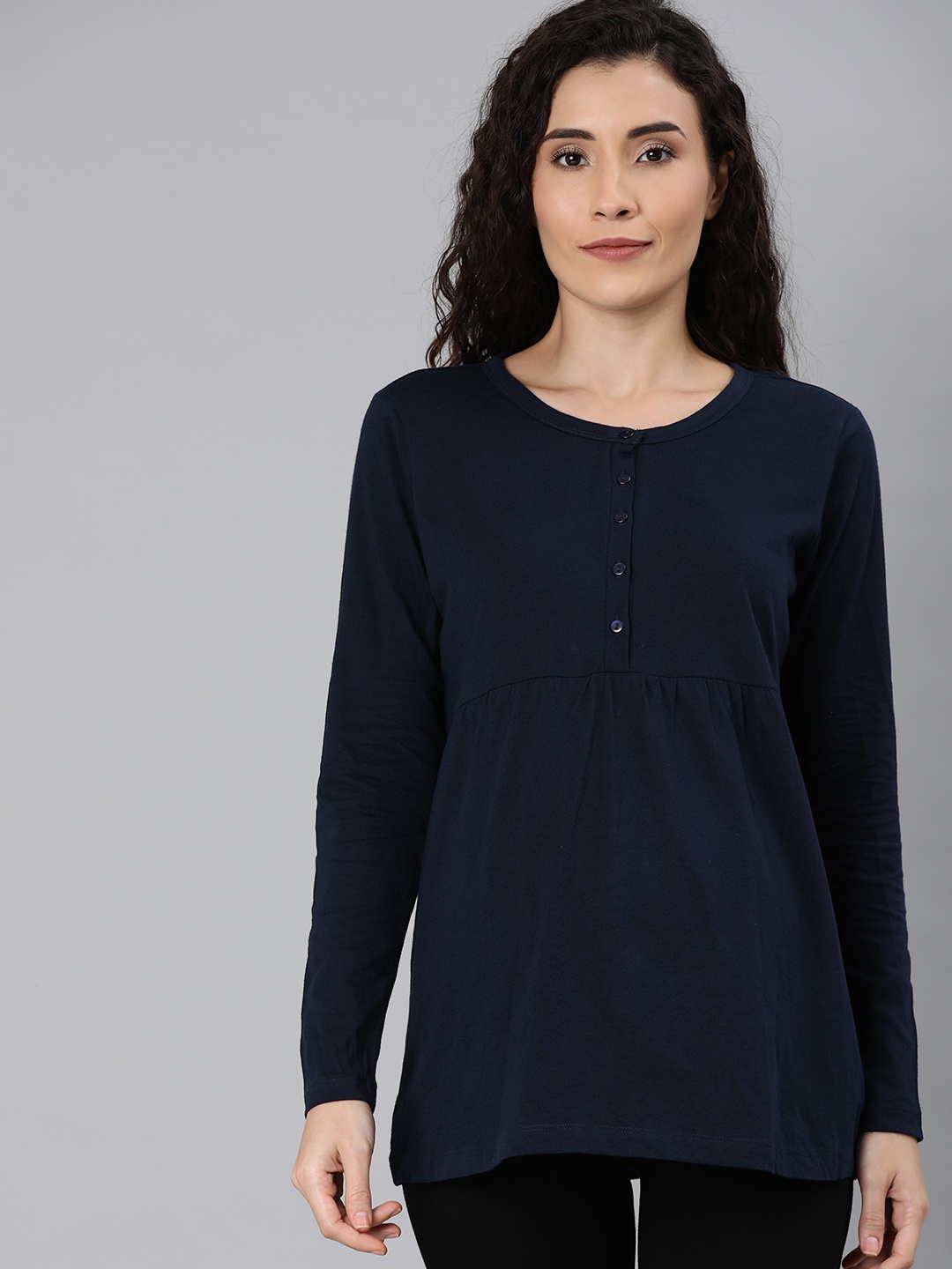 

Nejo Women Navy Blue Solid A-Line Maternity & Nursing Knitted Pure Cotton Top