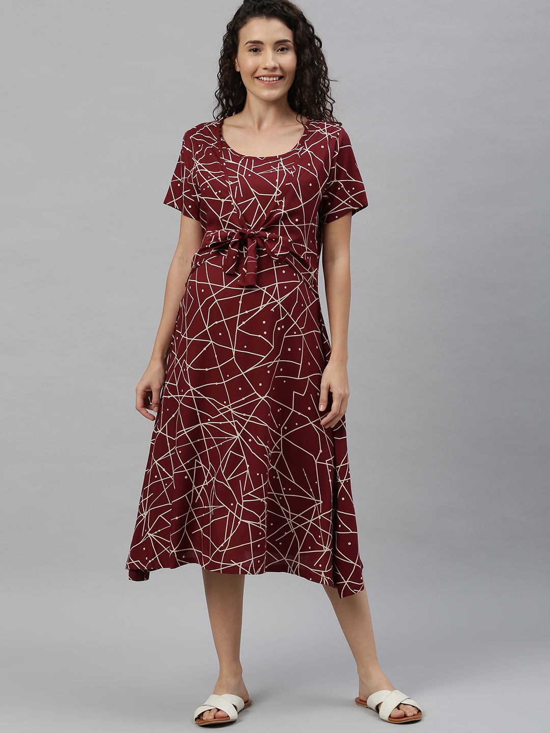 

Nejo Women Maroon Printed A-Line Dress