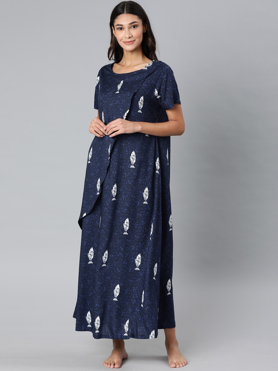 

Nejo Navy Blue Printed Maternity Nightdress