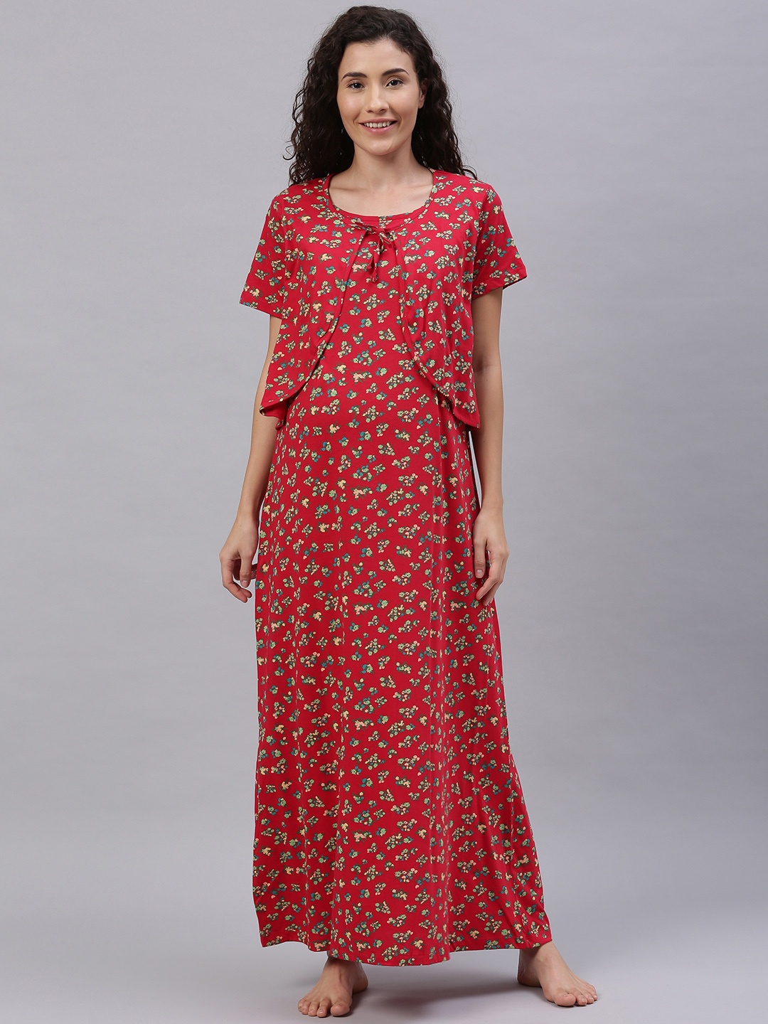 

Nejo Women Red & Green Floral Printed Layered Feeding Maxi Nightdress