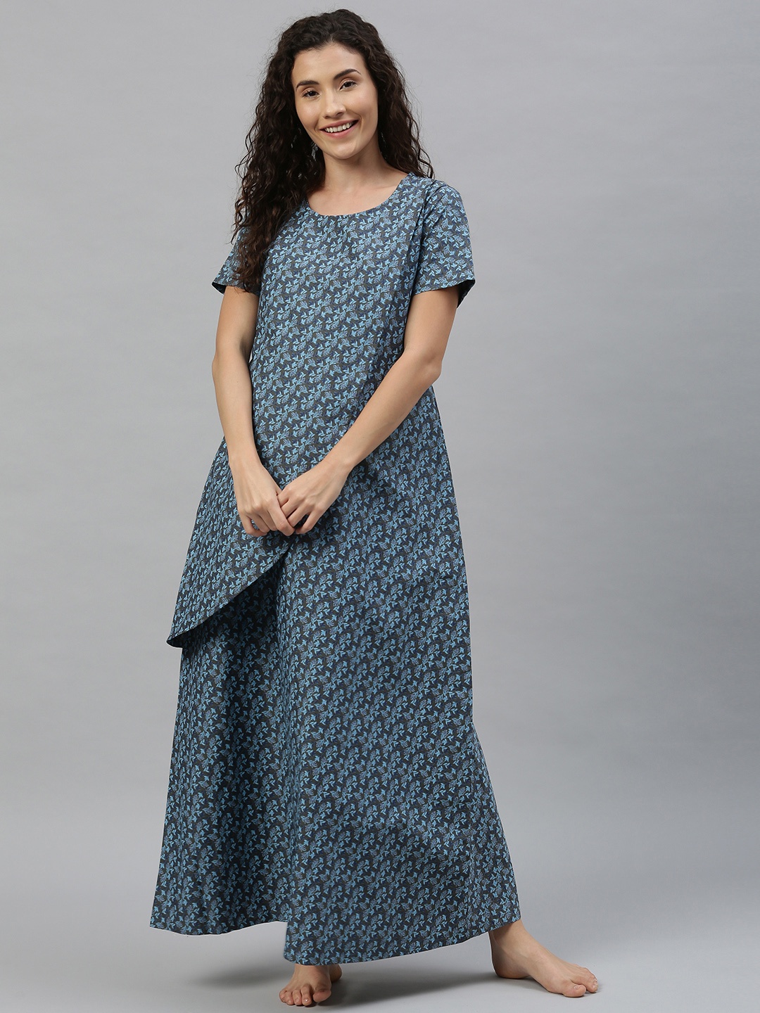 

Nejo Women Blue Floral Printed Layered Feeding Maxi Nightdress