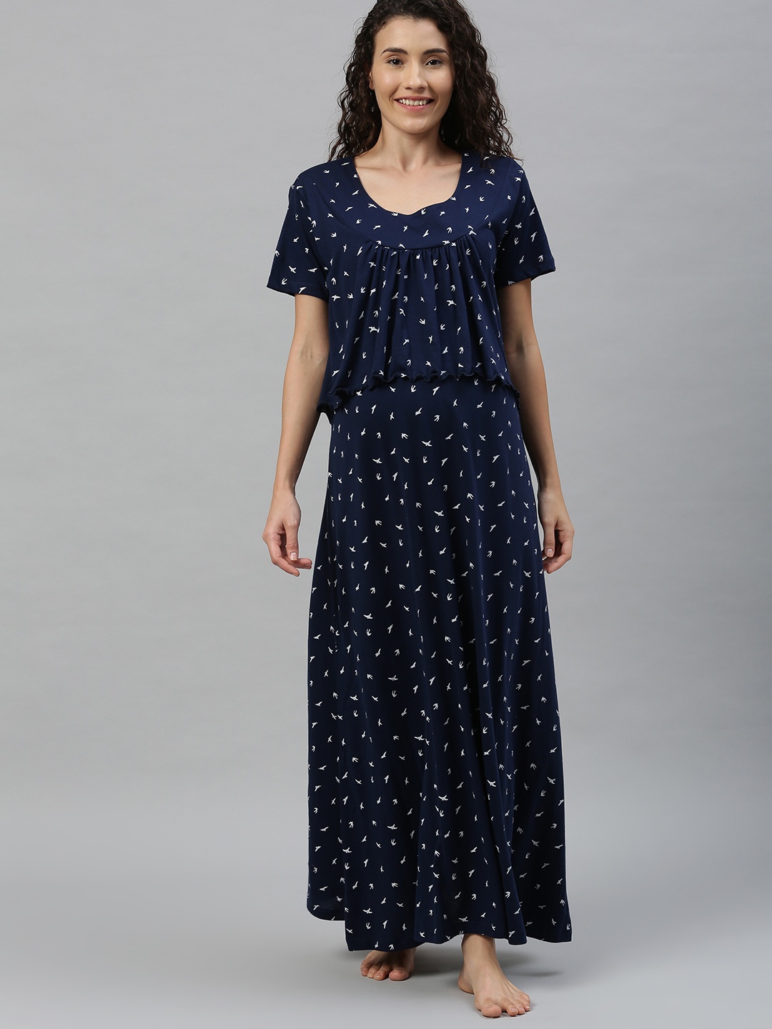 

Nejo Navy Blue & White Printed Feeding Nightdress