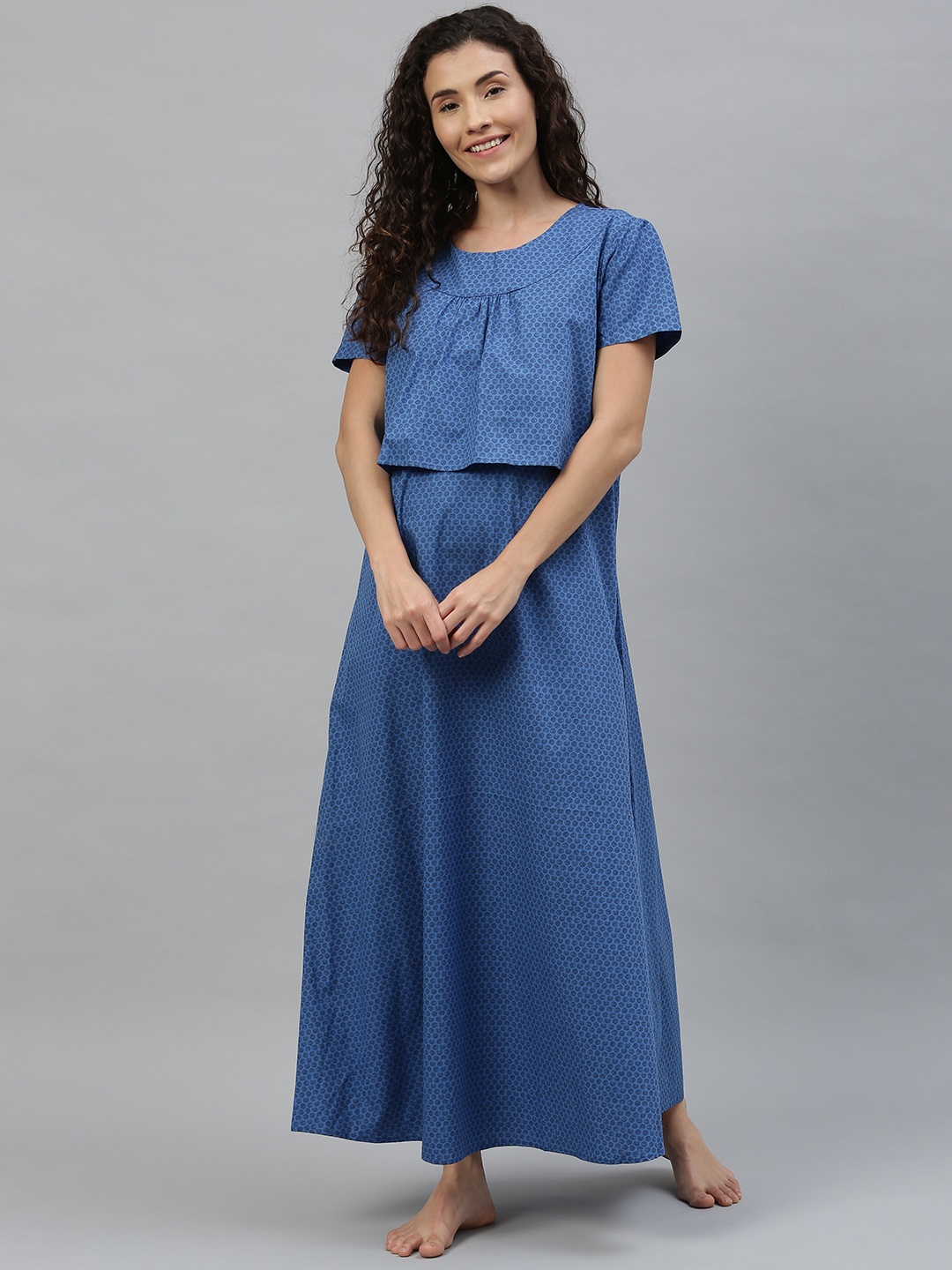 

Nejo Women Blue Printed Layered Feeding Maxi Nightdress