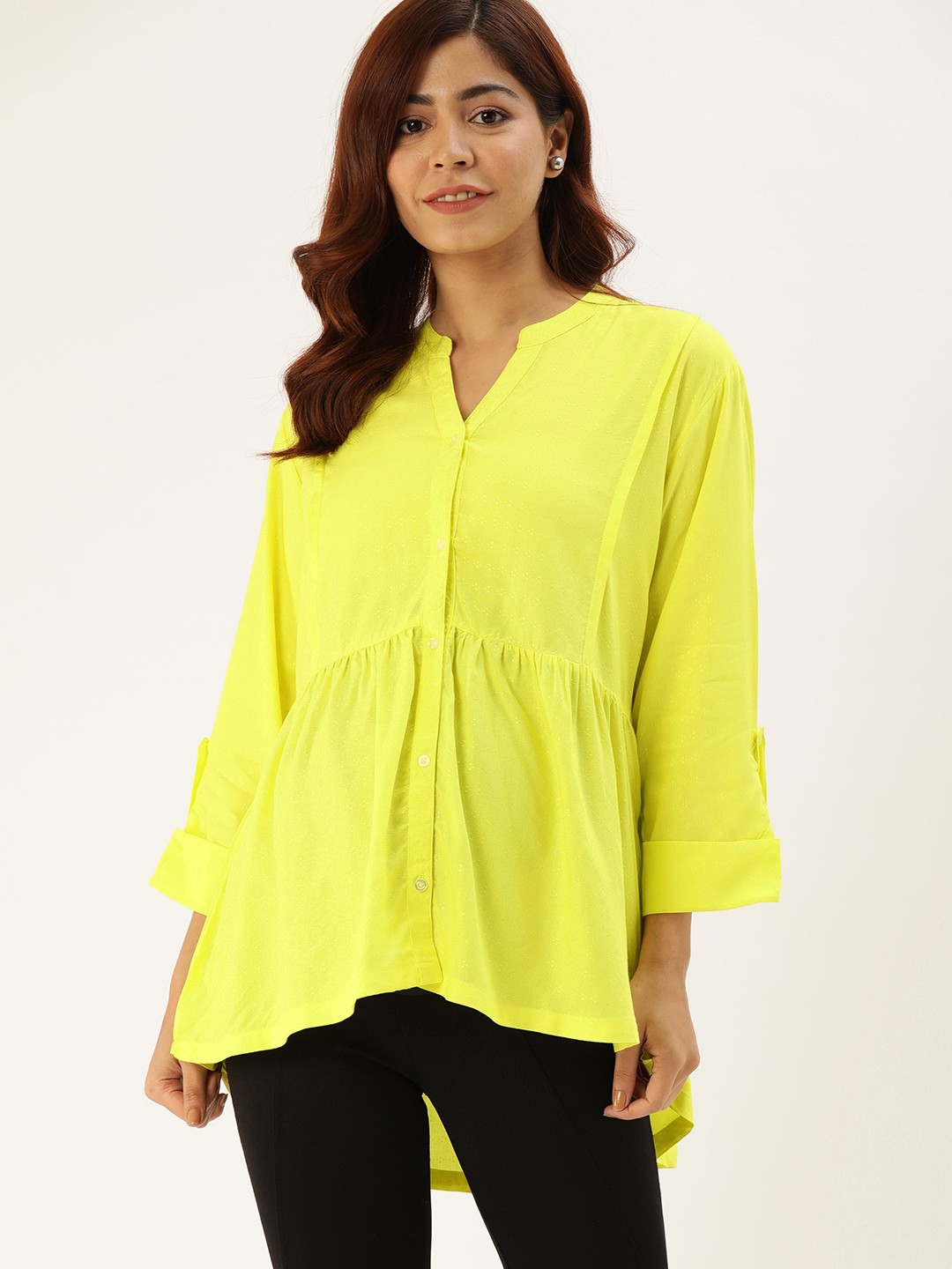 

Nejo Women Yellow Self Design Maternity Shirt Style Top