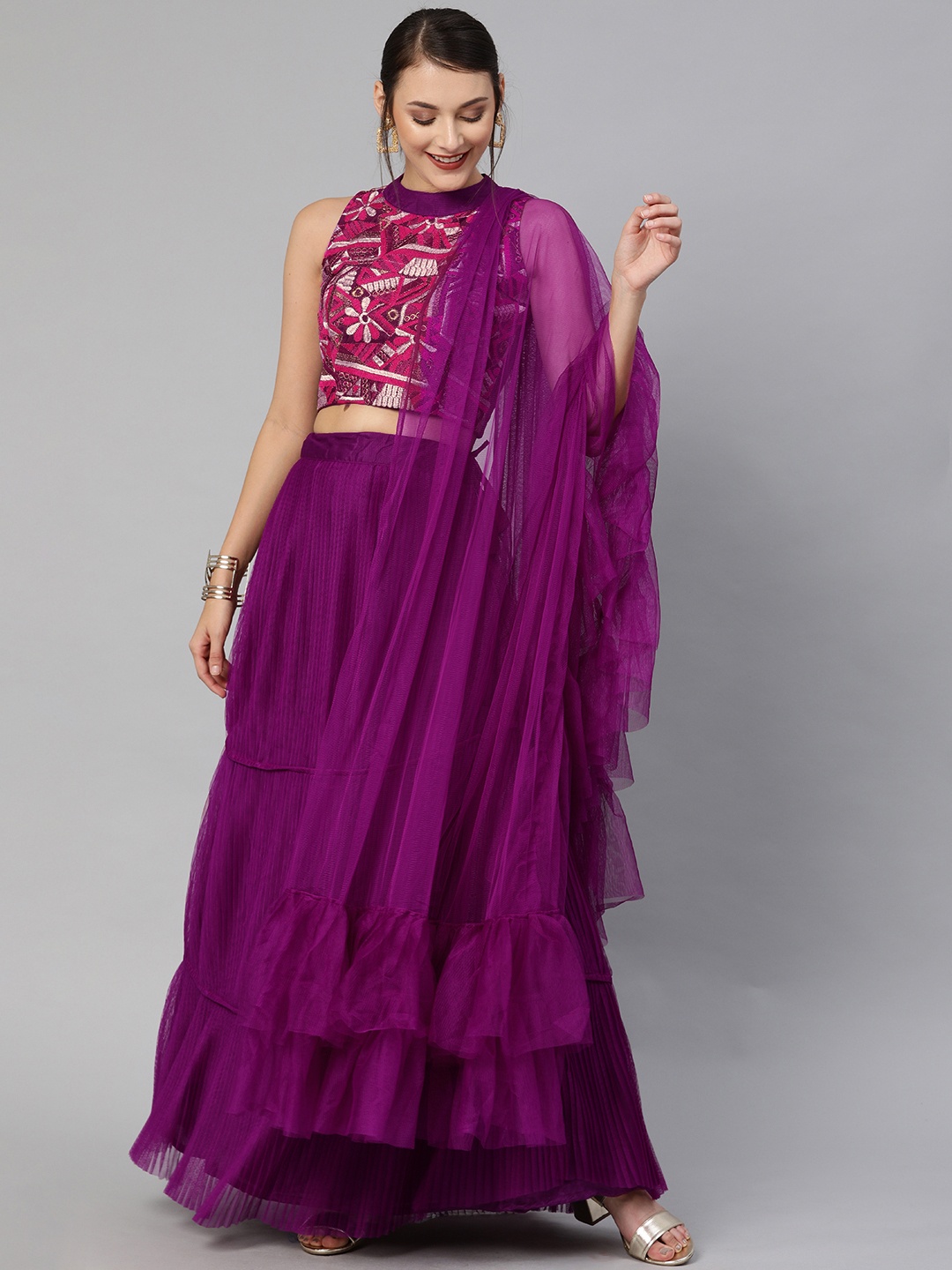 

Mitera Purple Embroidered Semi-Stitched Lehenga & Choli with Dupatta