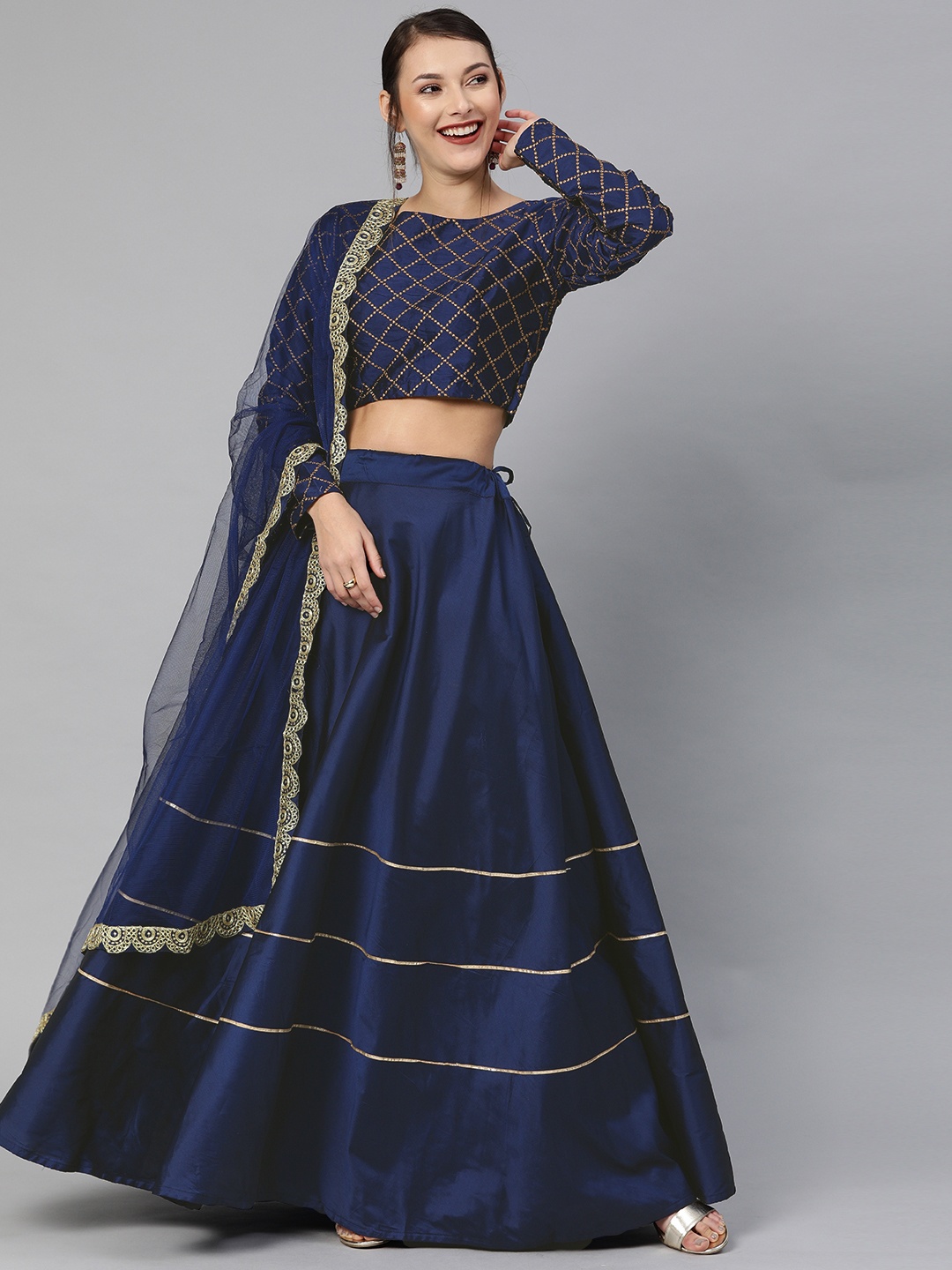 

Mitera Navy Blue Embroidered Semi-Stitched Lehenga & Unstitched Blouse with Dupatta