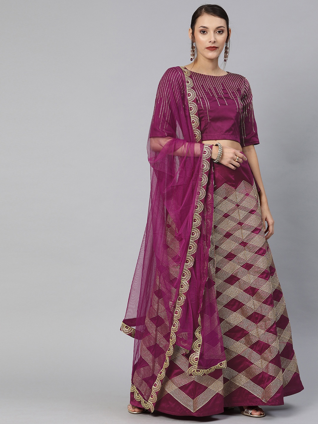 

Mitera Purple & Golden Embroidered Semi-Stitched Lehenga & Unstitched Blouse with Dupatta