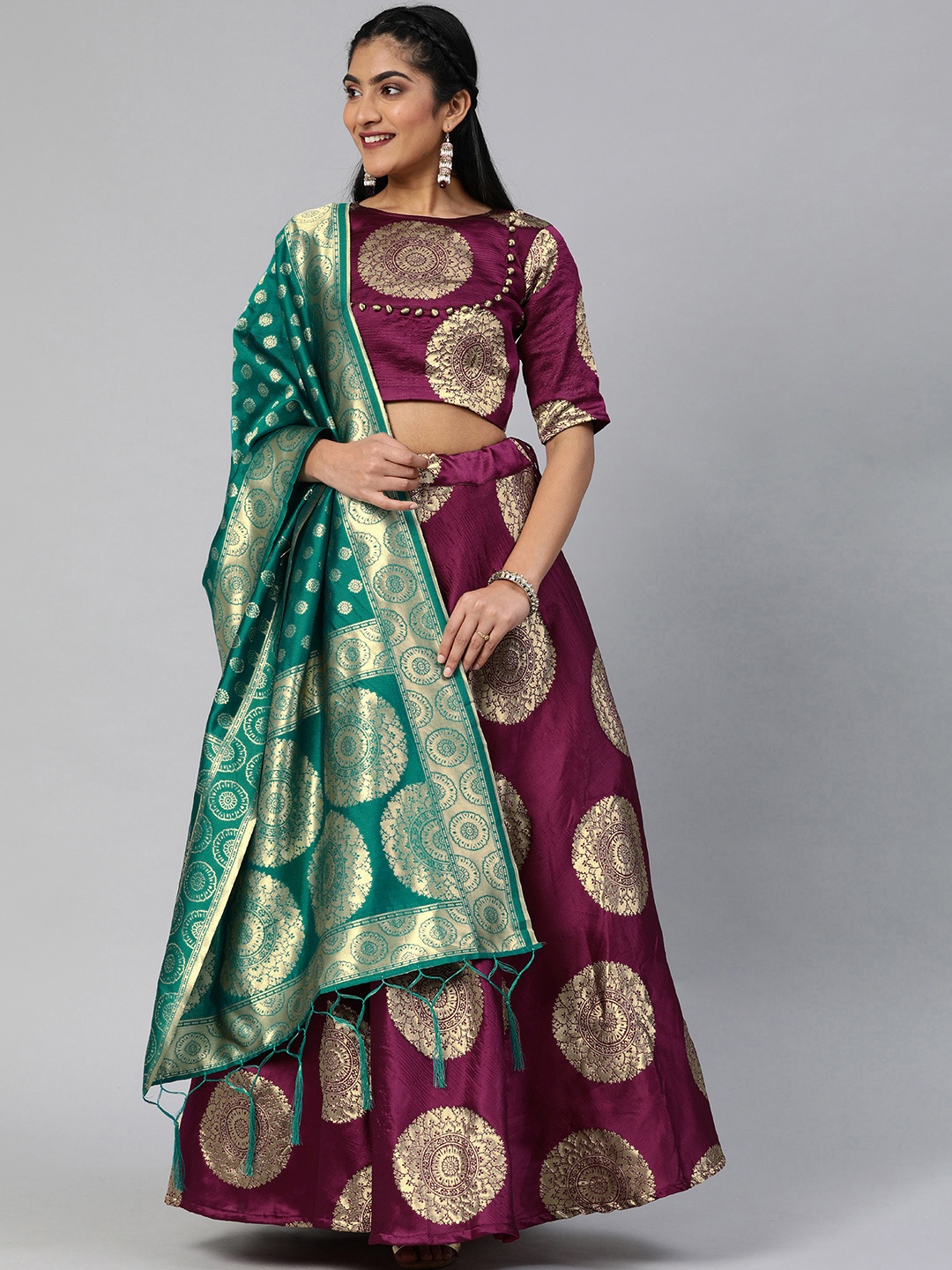 

Mitera Magenta Pink & Gold-Toned Semi-Stitched Lehenga & Unstitched Blouse with Dupatta