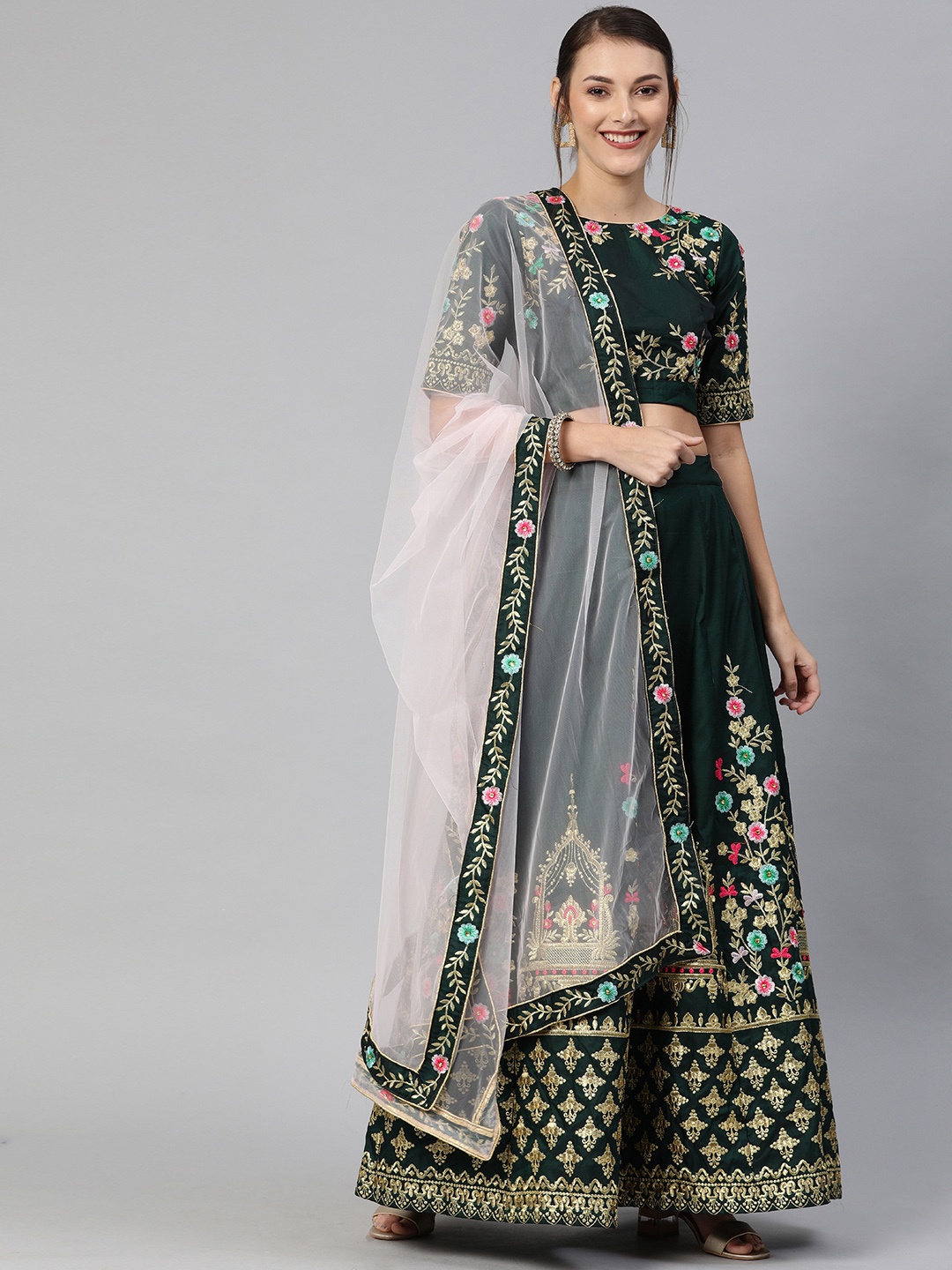 

Mitera Green & Gold-Toned Embroidered Semi-Stitched Lehenga & Blouse with Dupatta