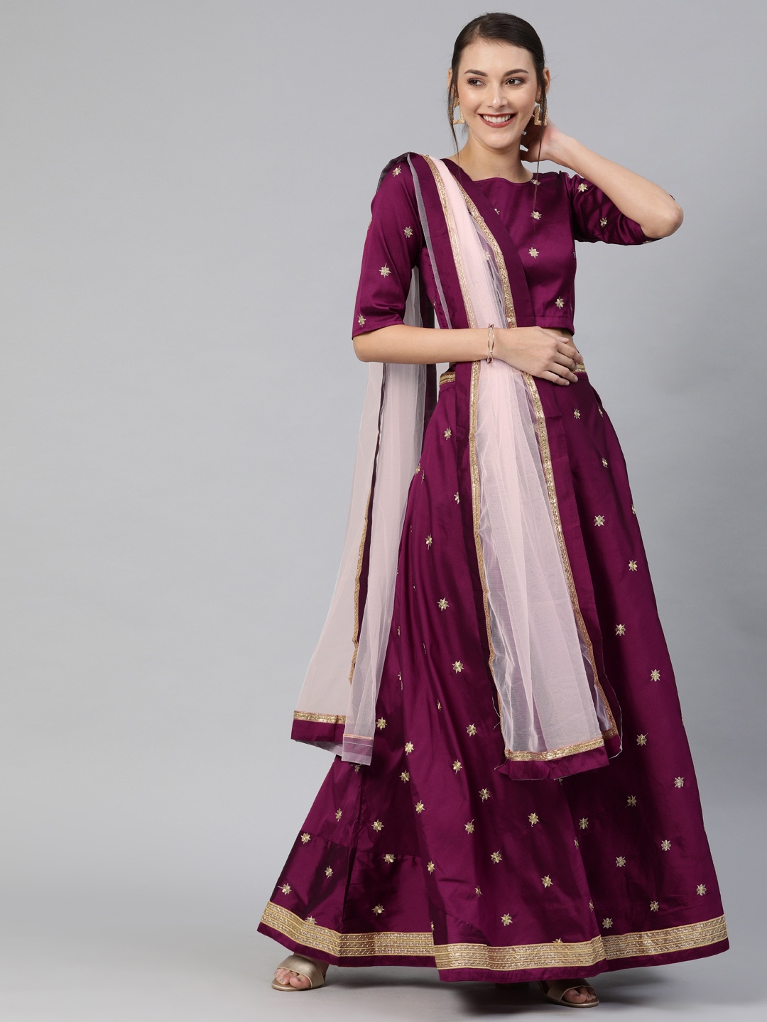 

Mitera Purple & Gold-Toned Embroidered Semi-Stitched Lehenga & Unstitched Blouse with Dupatta