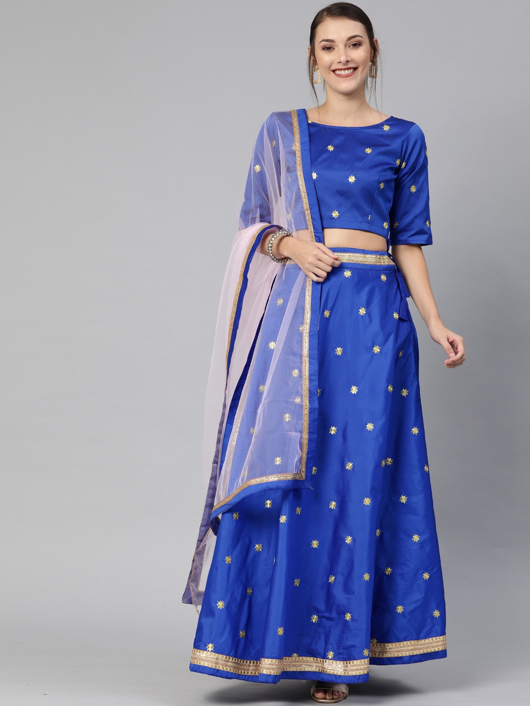 

Mitera Blue & Gold-Toned Embroidered Semi-Stitched Lehenga & Unstitched Blouse with Dupatta