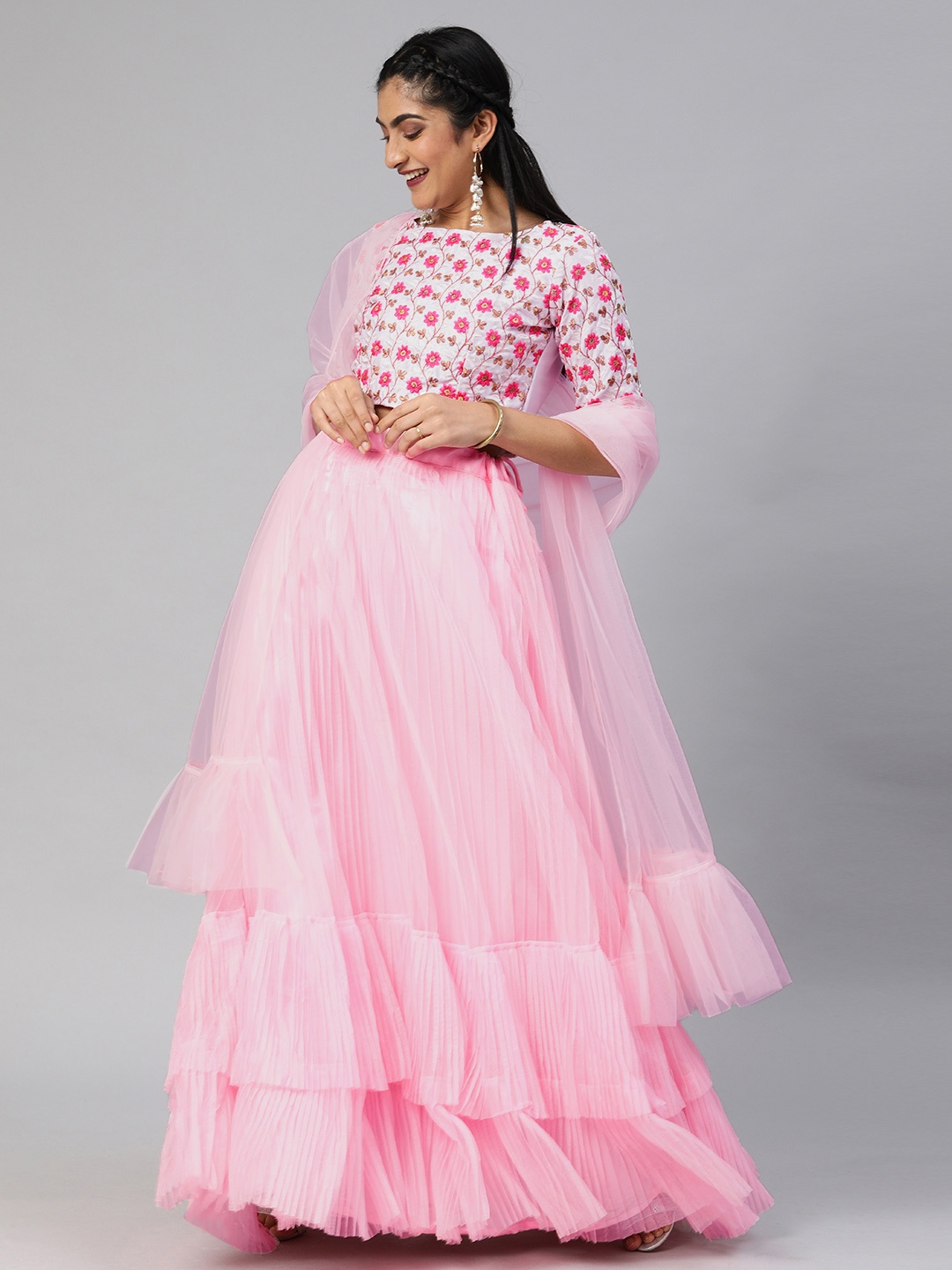 

Mitera Pink Embroidered Semi-Stitched Lehenga & Choli with Dupatta