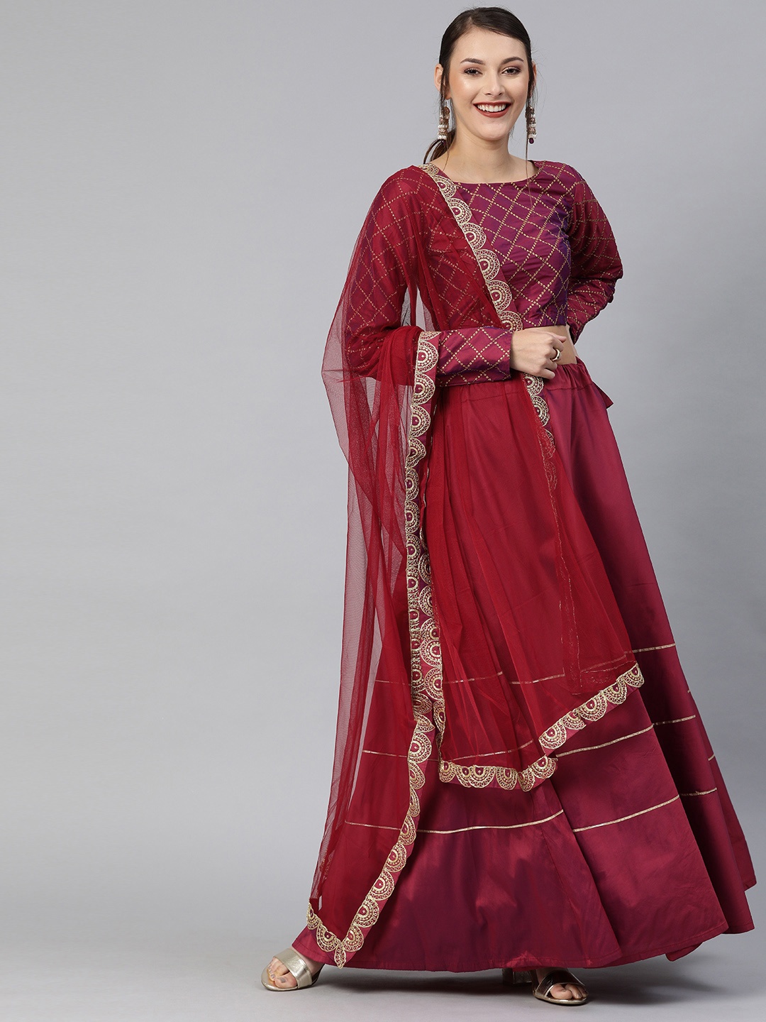 

Mitera Maroon Embroidered Semi-Stitched Lehenga & Unstitched Blouse with Dupatta