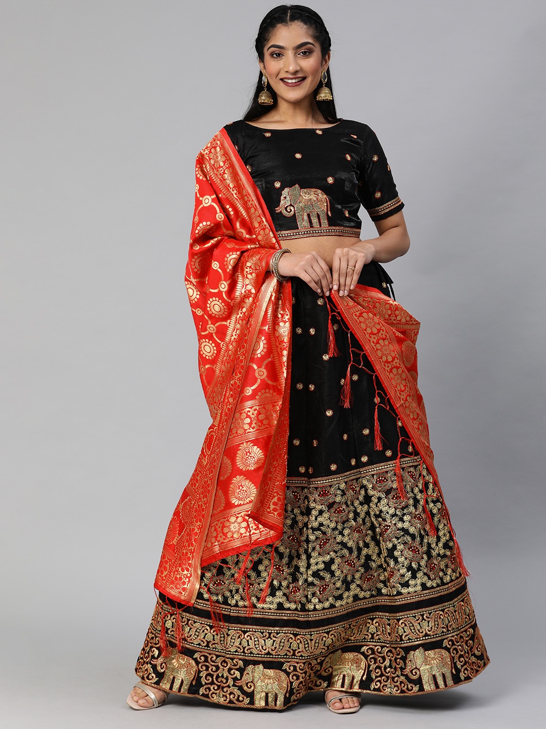 

Mitera Black & Gold-Toned Embroidered Semi-Stitched Lehenga & Blouse with Dupatta