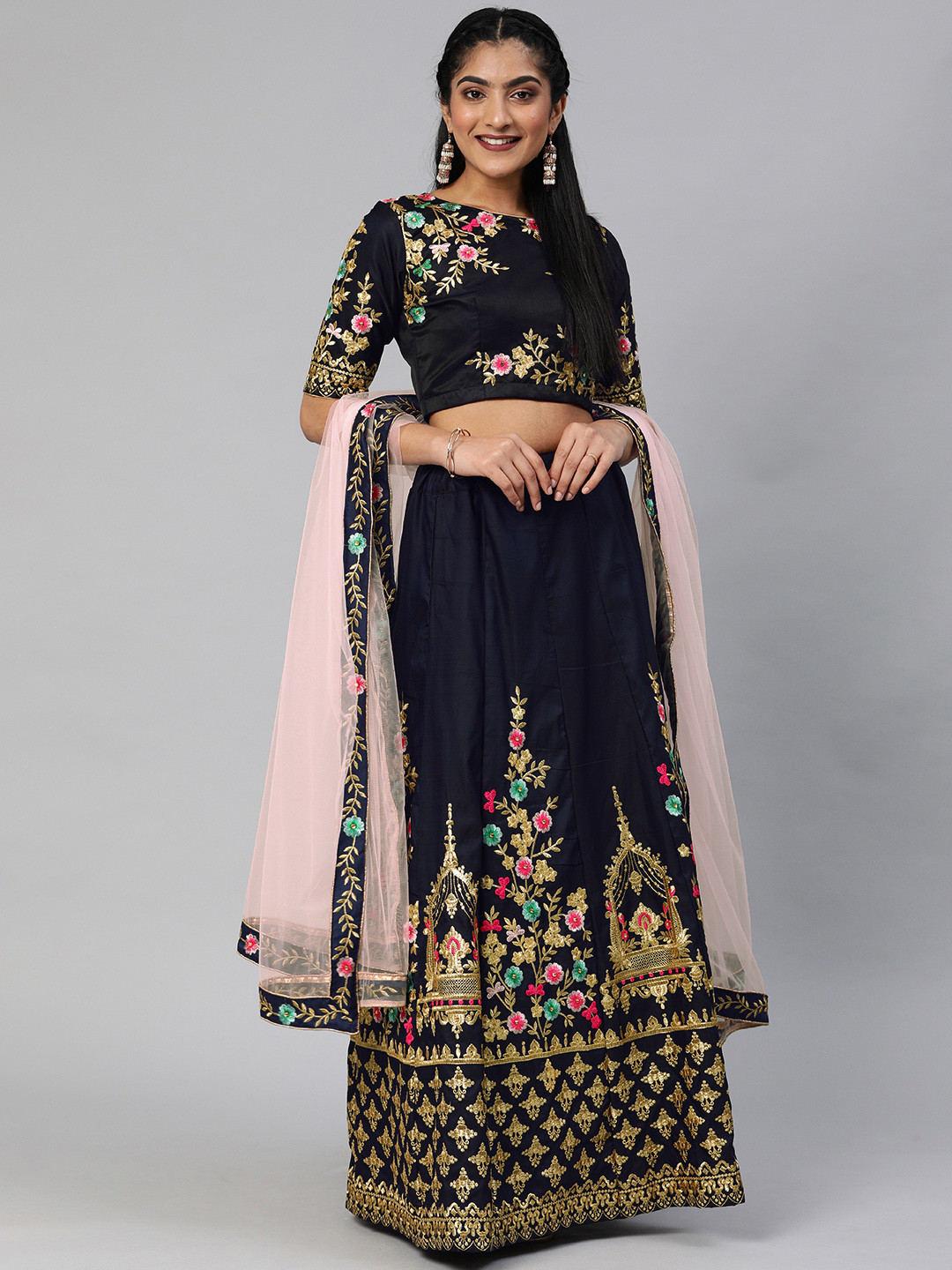 

Mitera Navy Blue & Gold-Toned Embroidered Semi-Stitched Lehenga & Choli with Dupatta