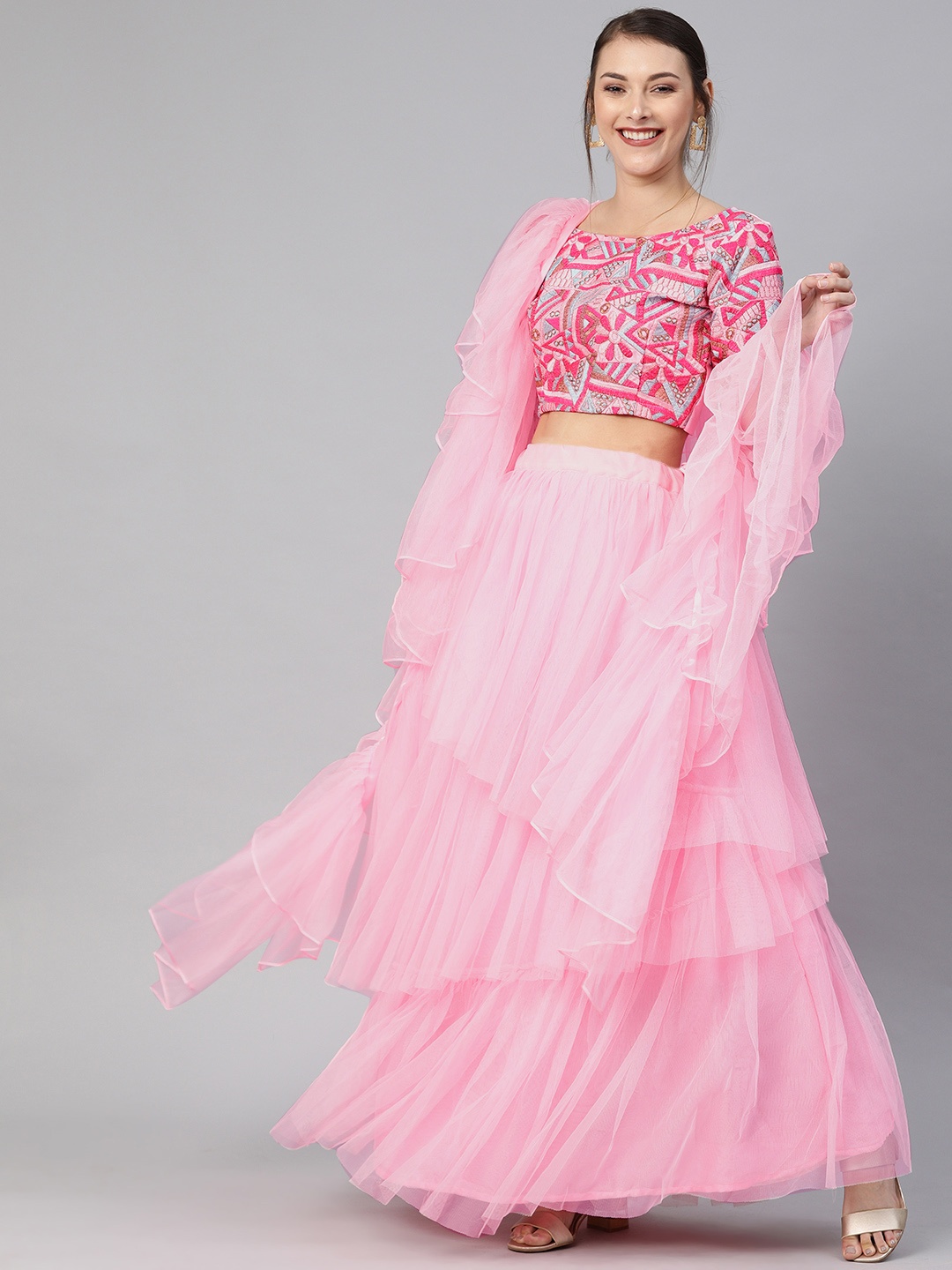 

Mitera Pink Embroidered Semi-Stitched Lehenga & Choli with Dupatta