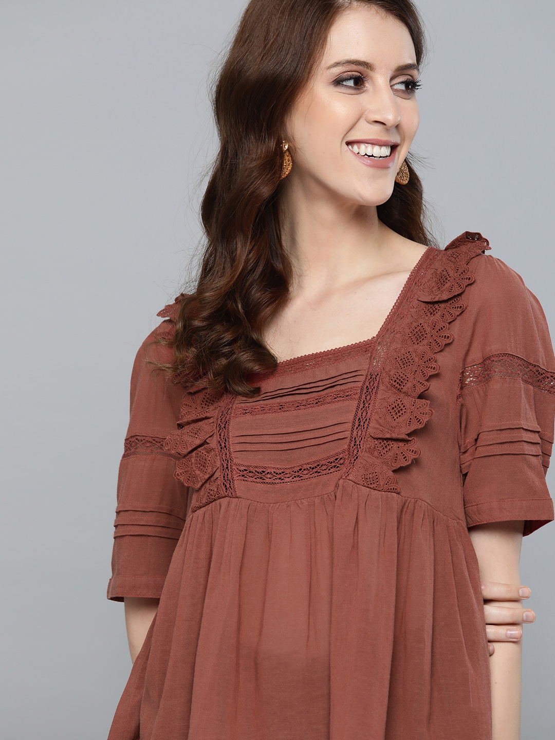 

HERE&NOW Women Rust Brown Lace Detail A-Line Top