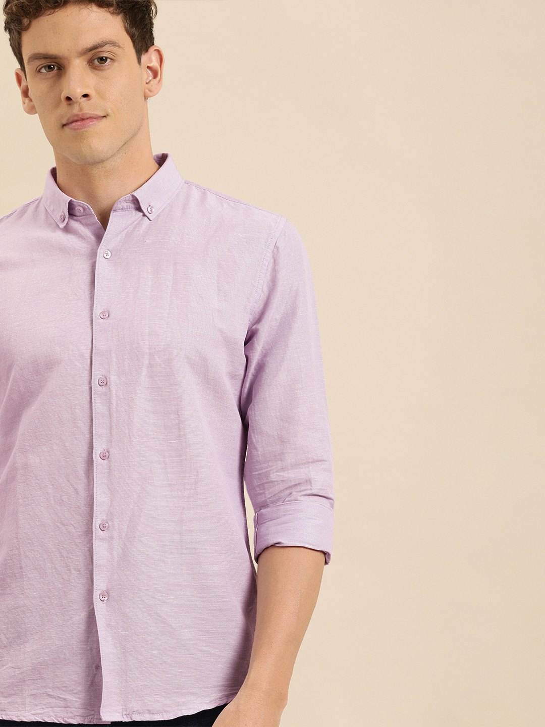 

ether Men Violet Regular Fit Solid Cotton Linen Casual Shirt