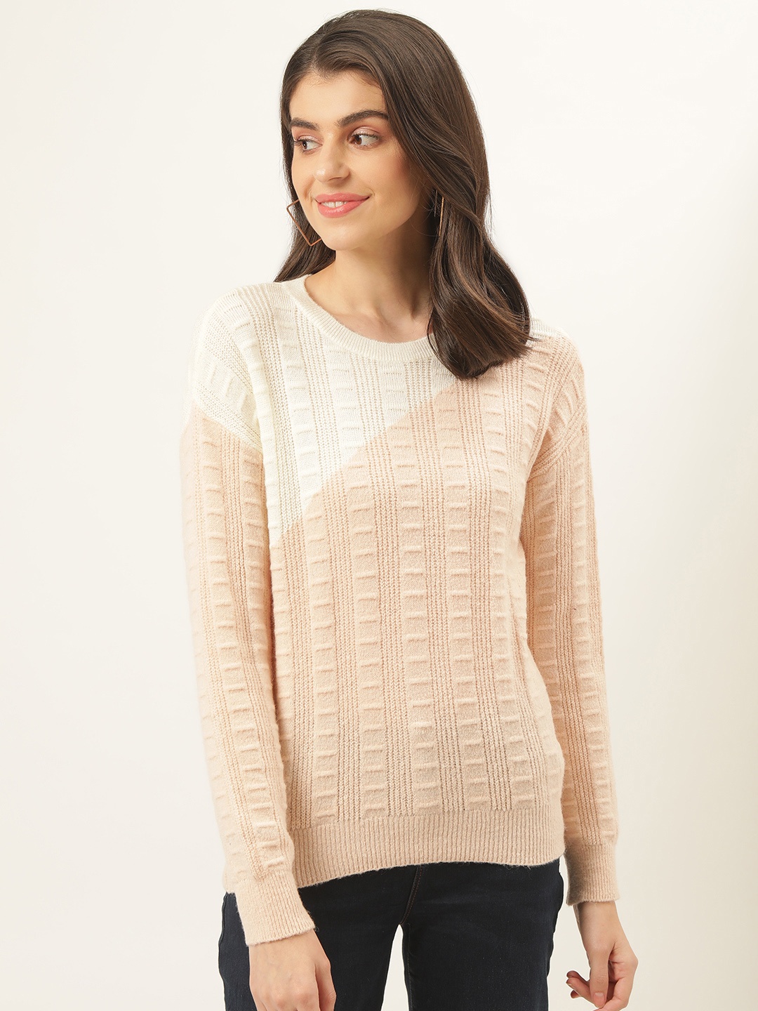 

Madame Women Peach-Coloured & Cream-Coloured Colourblocked Pullover