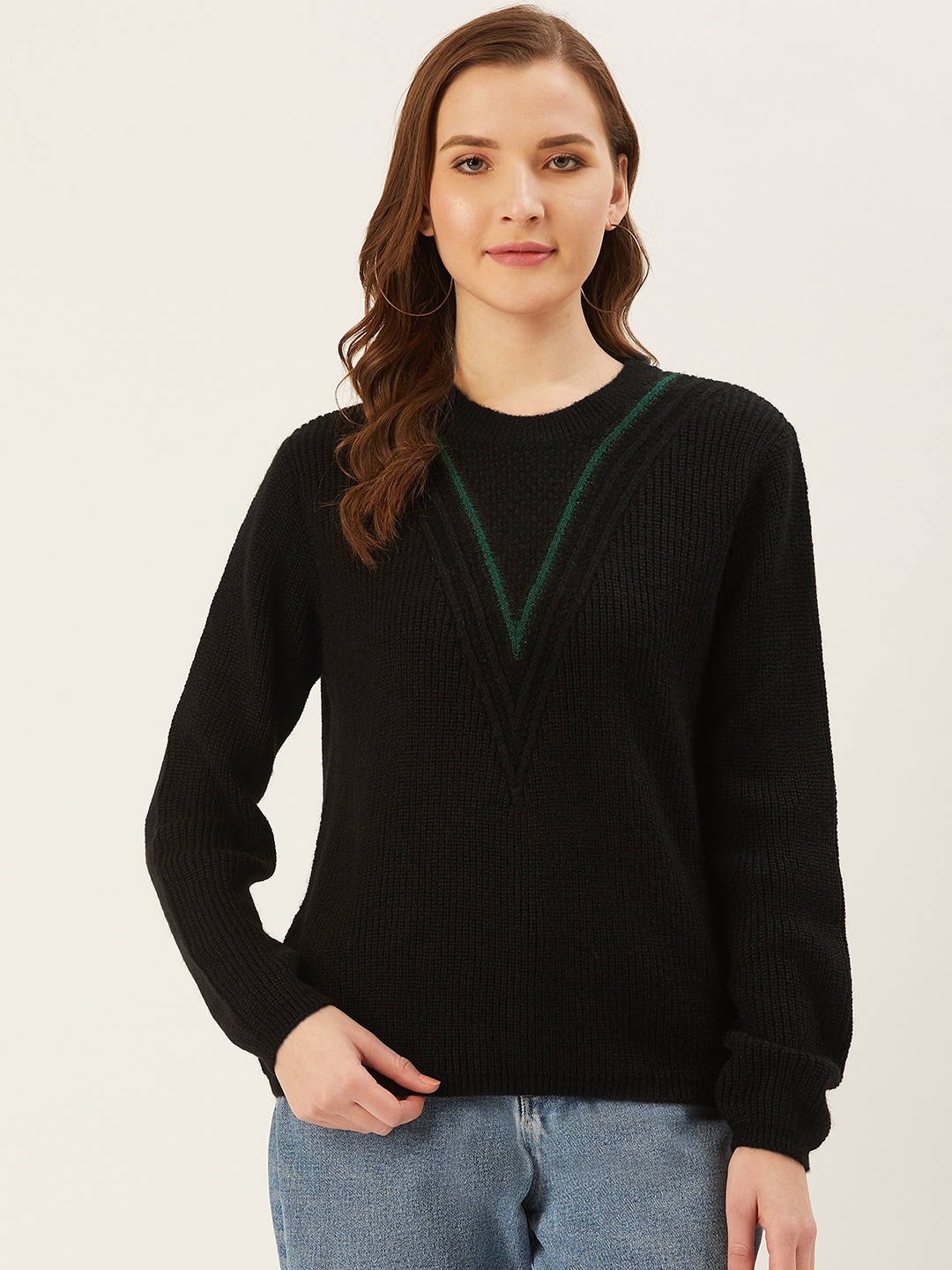 

Madame Women Black Ribbed Acrylic Sweater