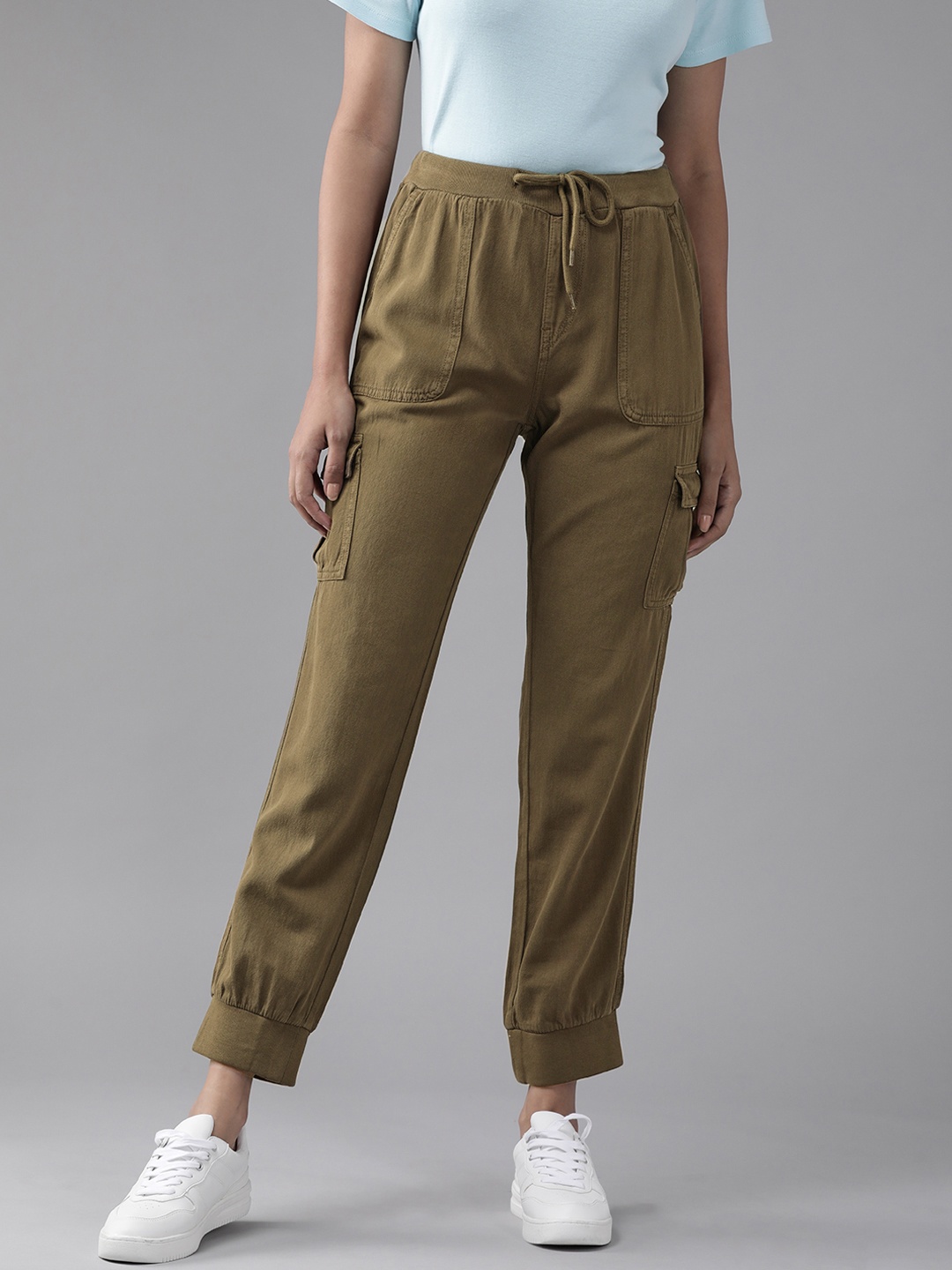 

Roadster Women Olive Brown Solid Cargo Joggers