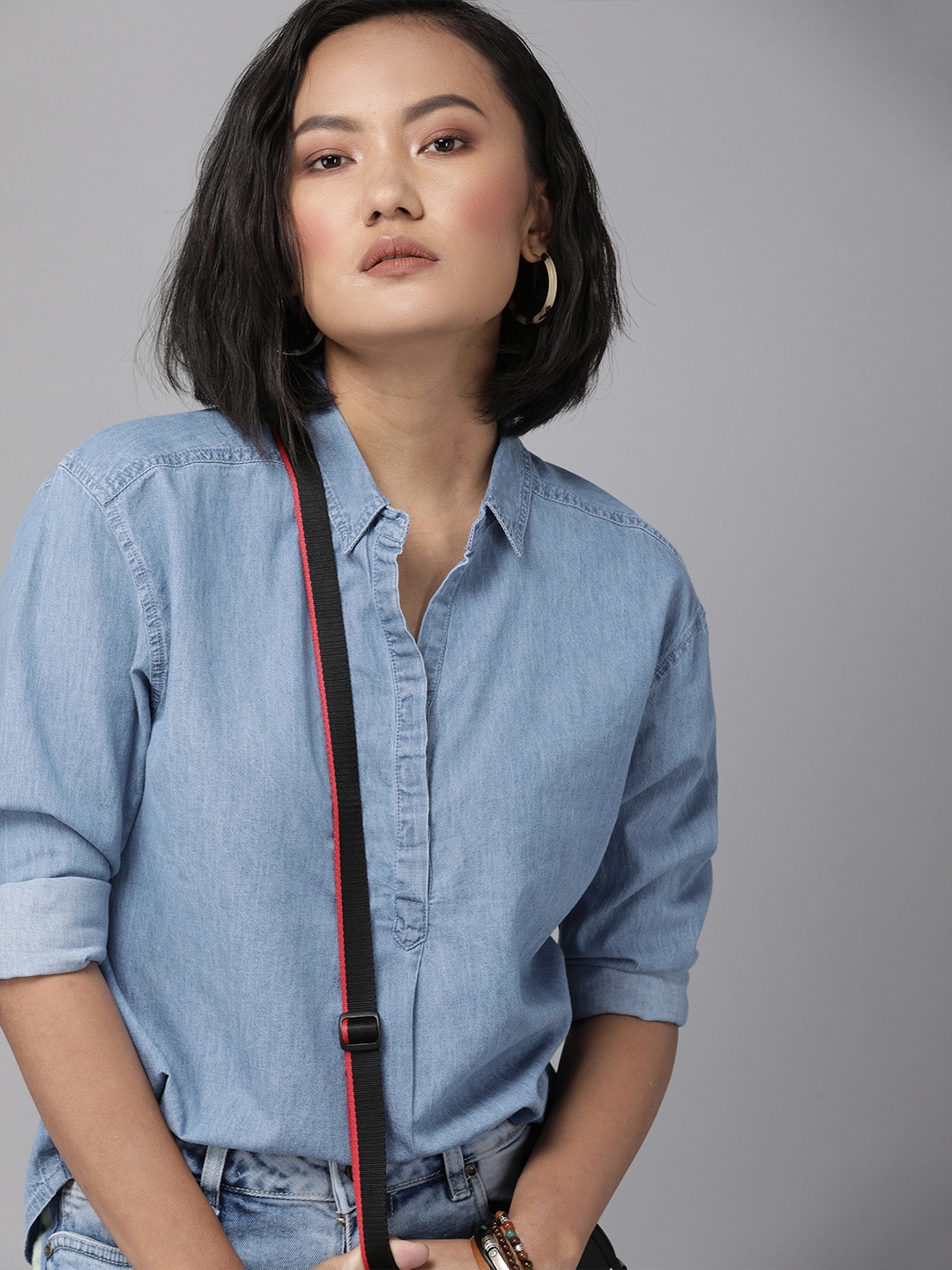 

Roadster Blue Roll-up Sleeves Indigo Pure Cotton Shirt Style Top