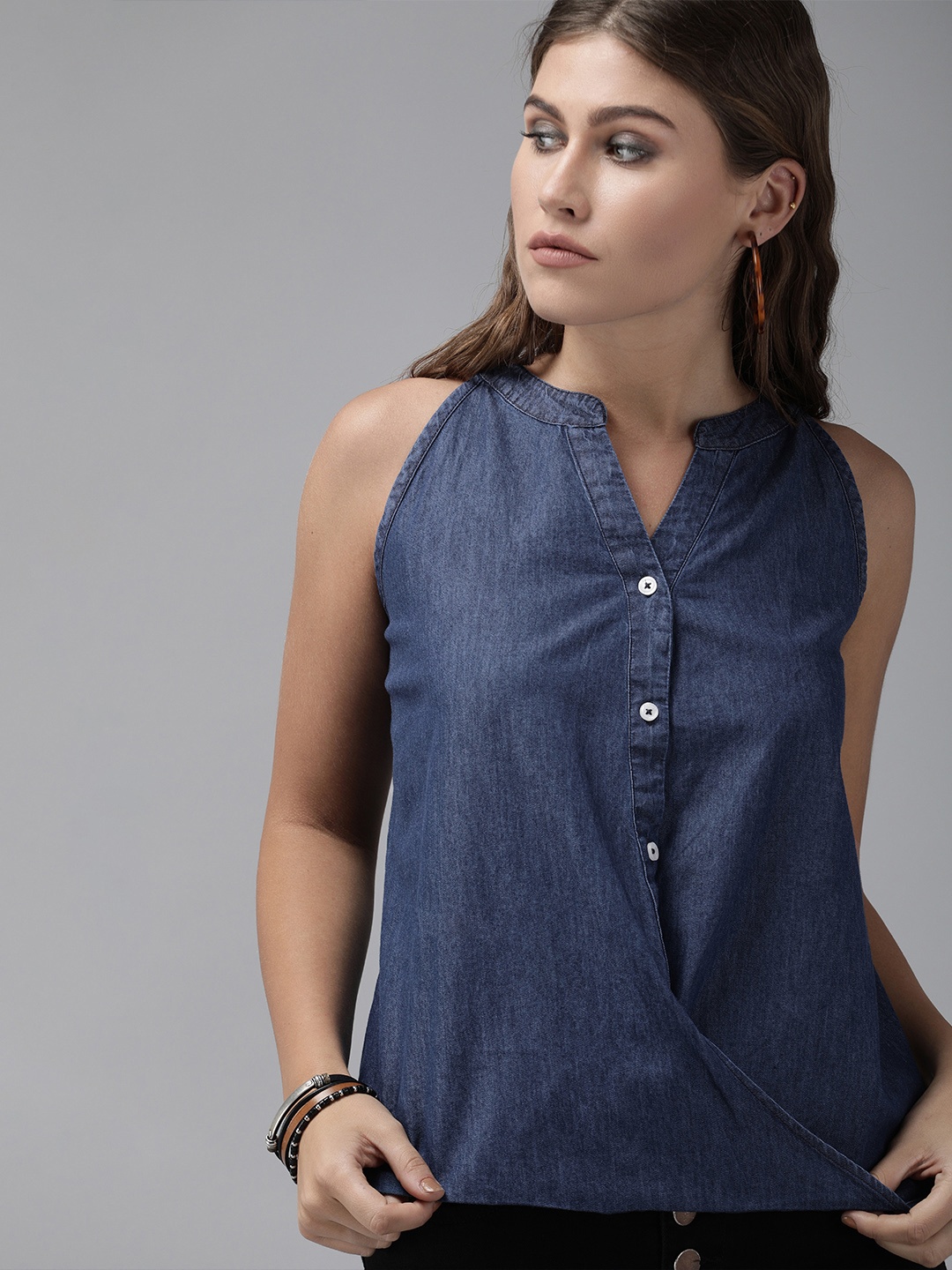 

Roadster Blue Mandarin Collar Indigo Pure Cotton Denim Shirt Style Top