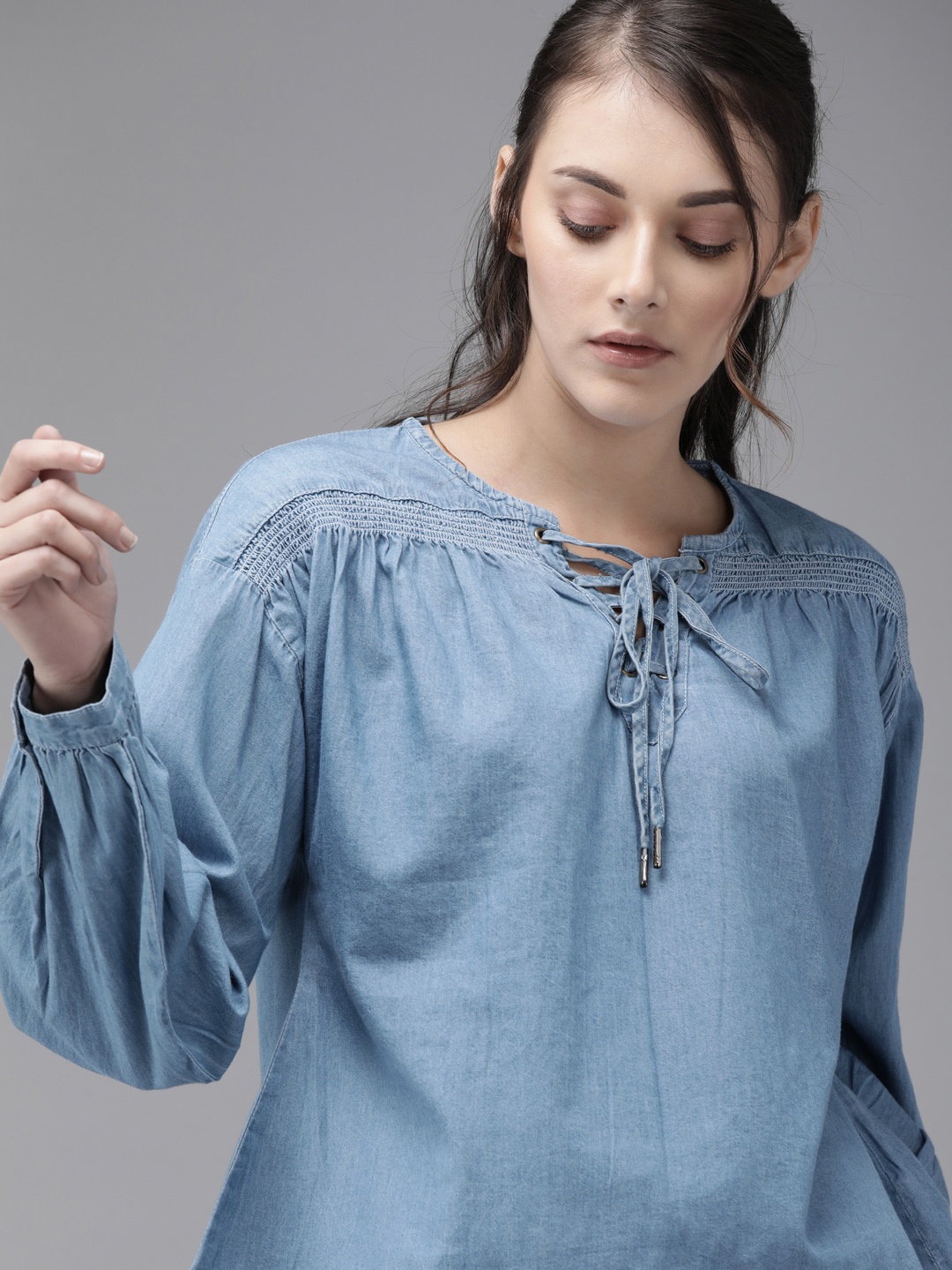 

Roadster Women Blue Solid Smocked Denim Pure Cotton Top