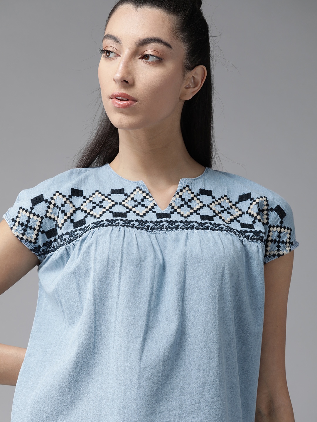 

Roadster Women Blue Pure Cotton Embroidered Chambray Regular Top