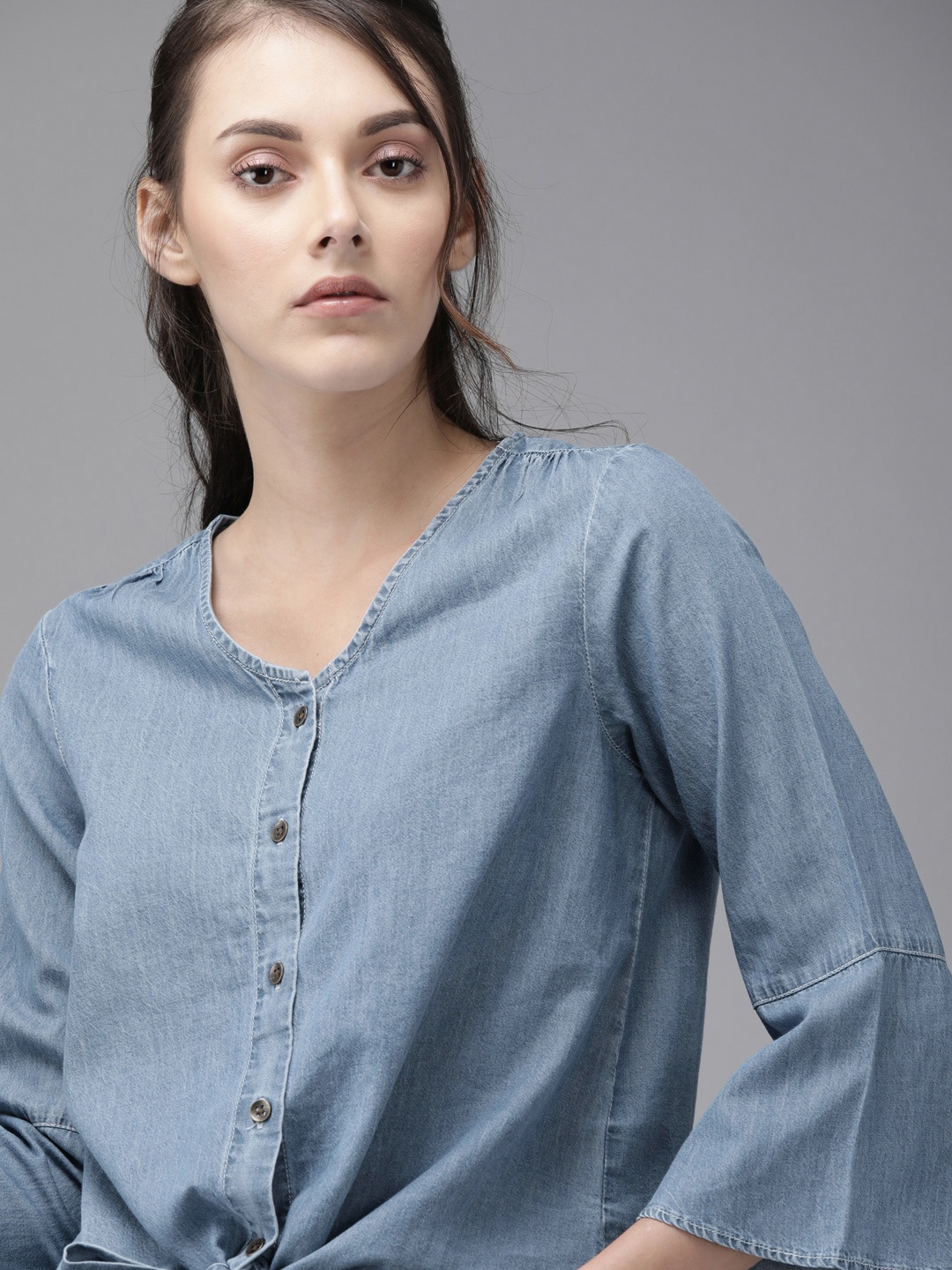 

Roadster Women Blue Solid Waist Tie-Up Shirt Style Denim Top