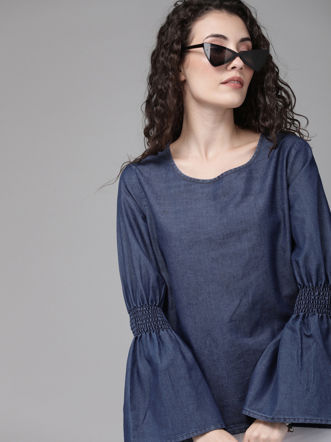 

Roadster Women Blue Solid Smocked Denim Pure Cotton Top