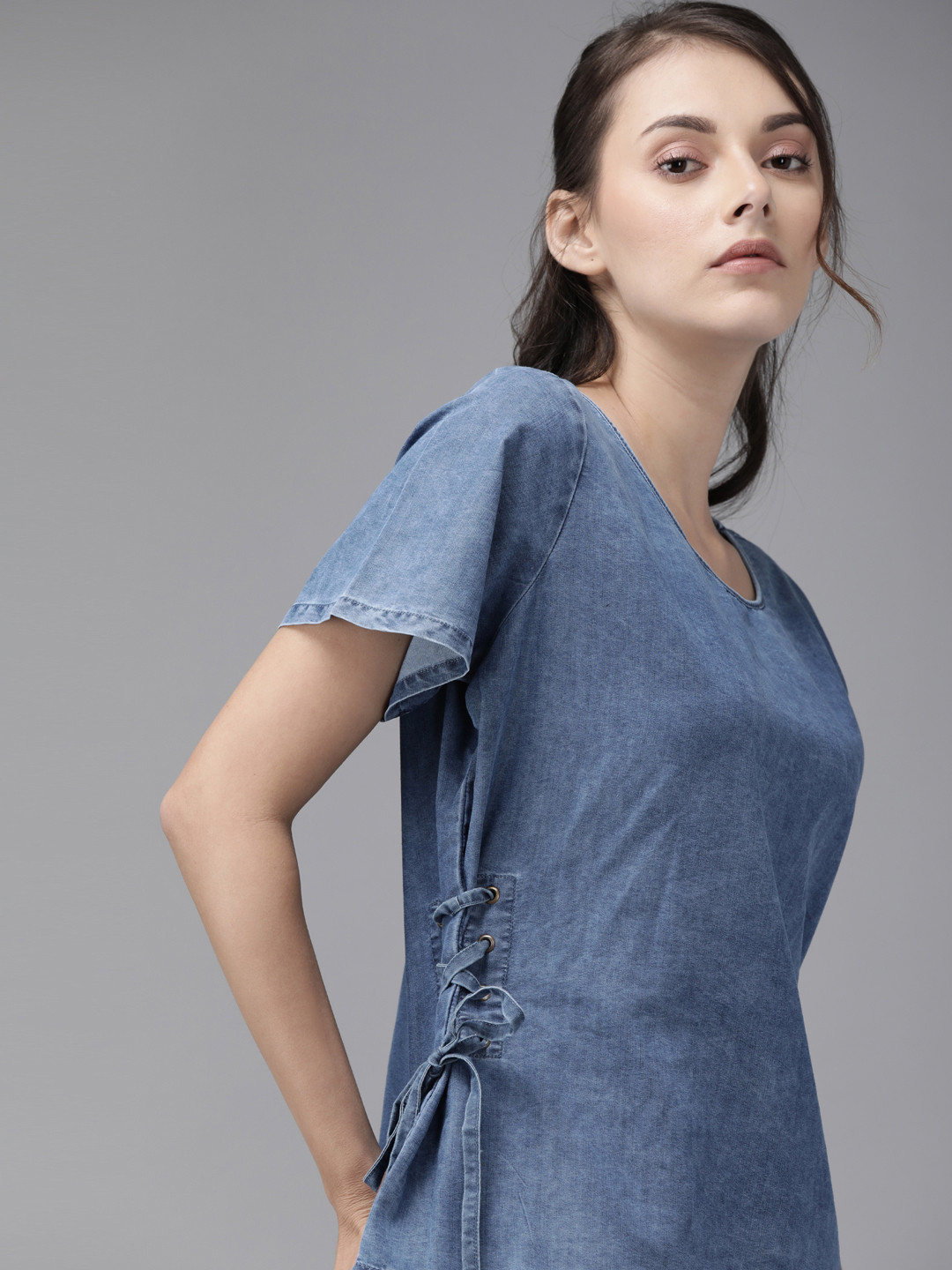 

Roadster Women Blue Solid Tie-Up Denim Pure Cotton Top