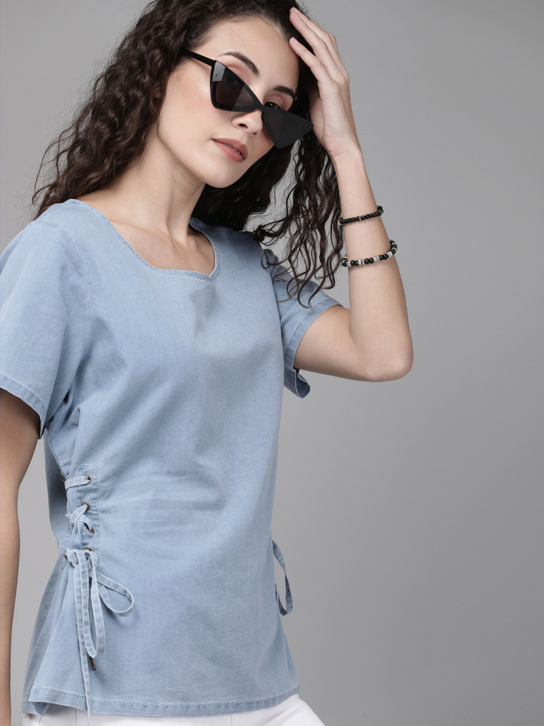 

Roadster Women Blue Solid Tie-Up Denim Pure Cotton Top