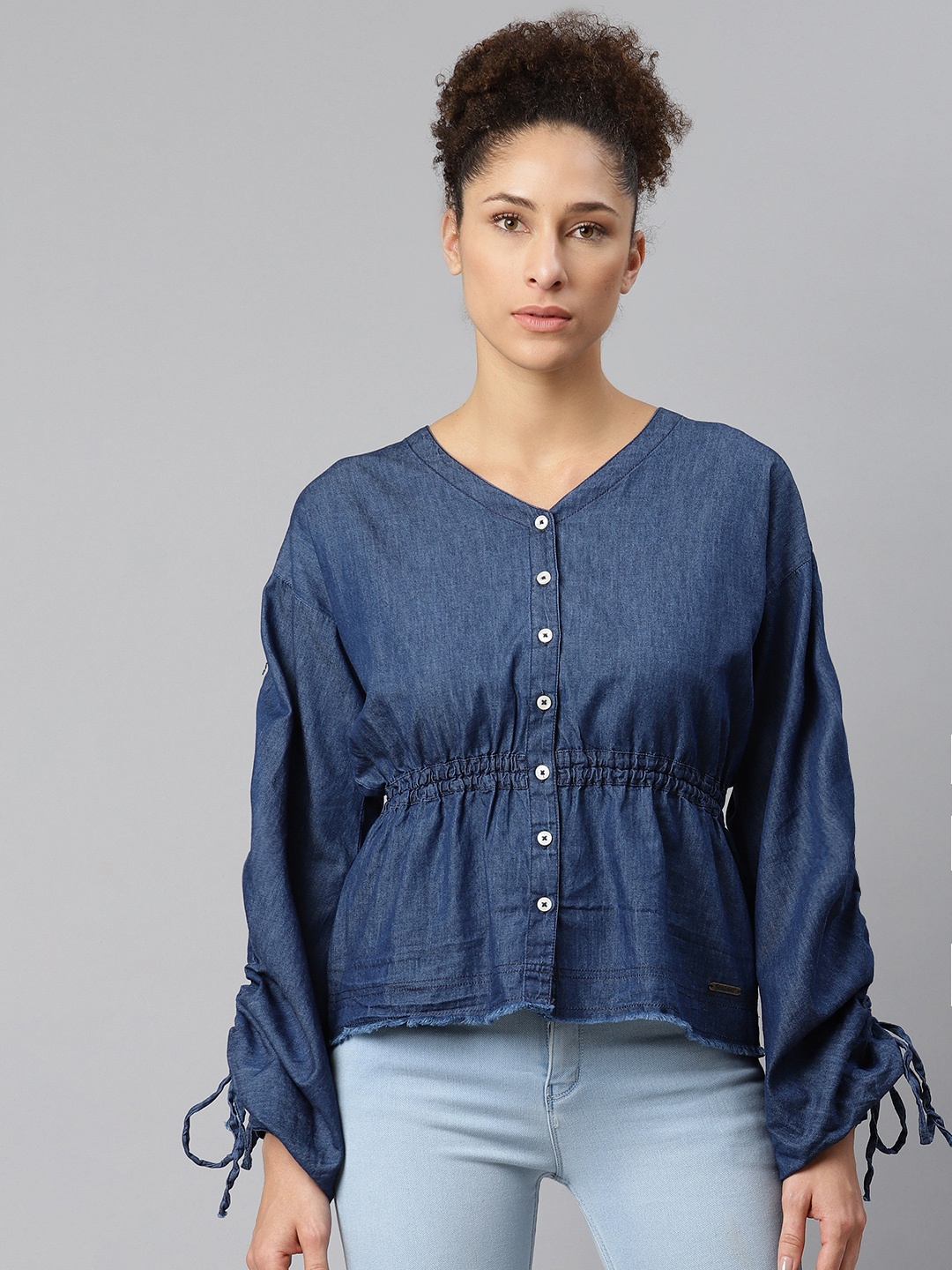 

Roadster Navy Blue Puff Sleeve Pure Cotton Cinched Waist Top