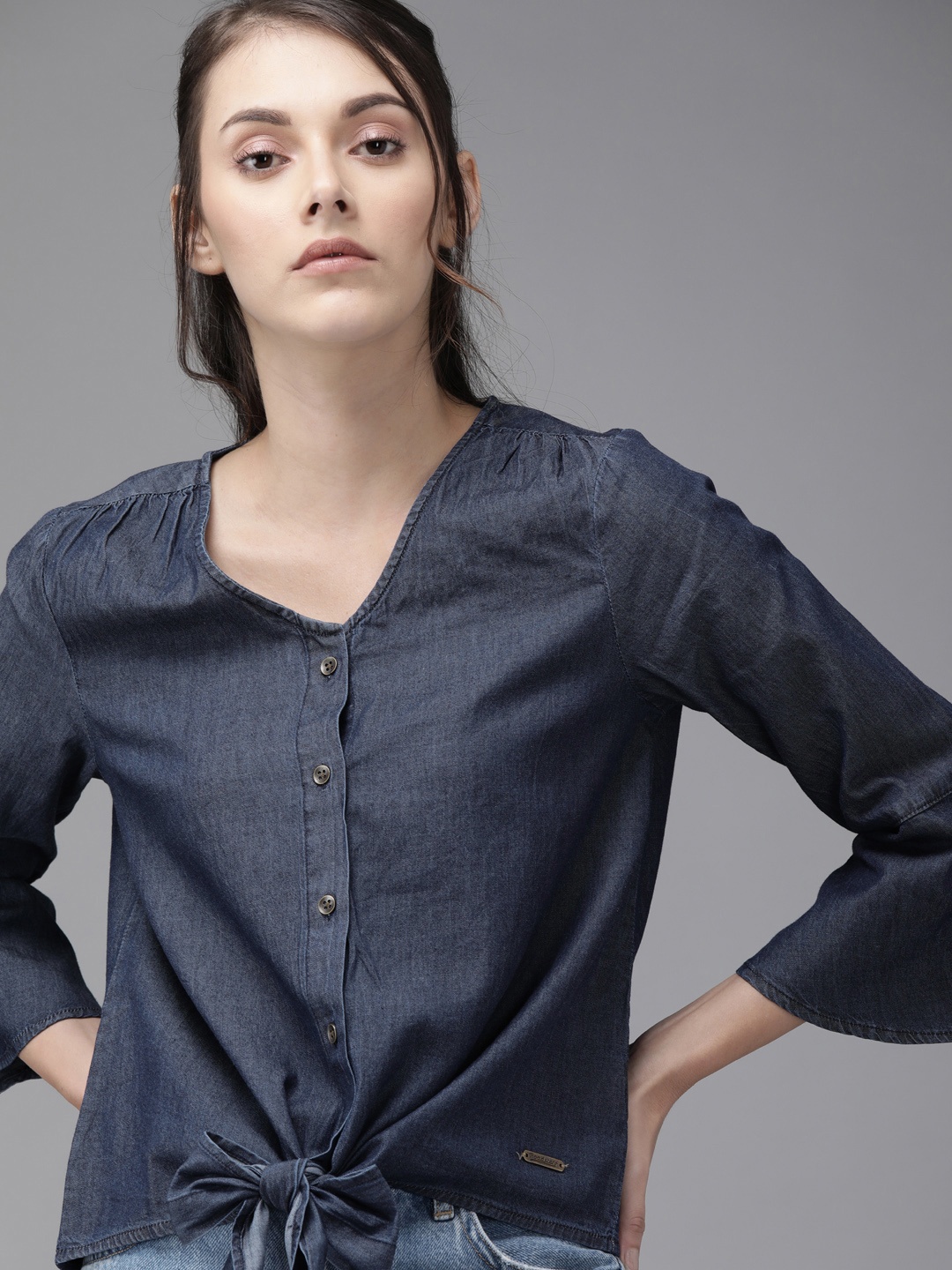 

Roadster Women Blue Solid Waist Tie-Up Shirt Style Denim Pure Cotton Top