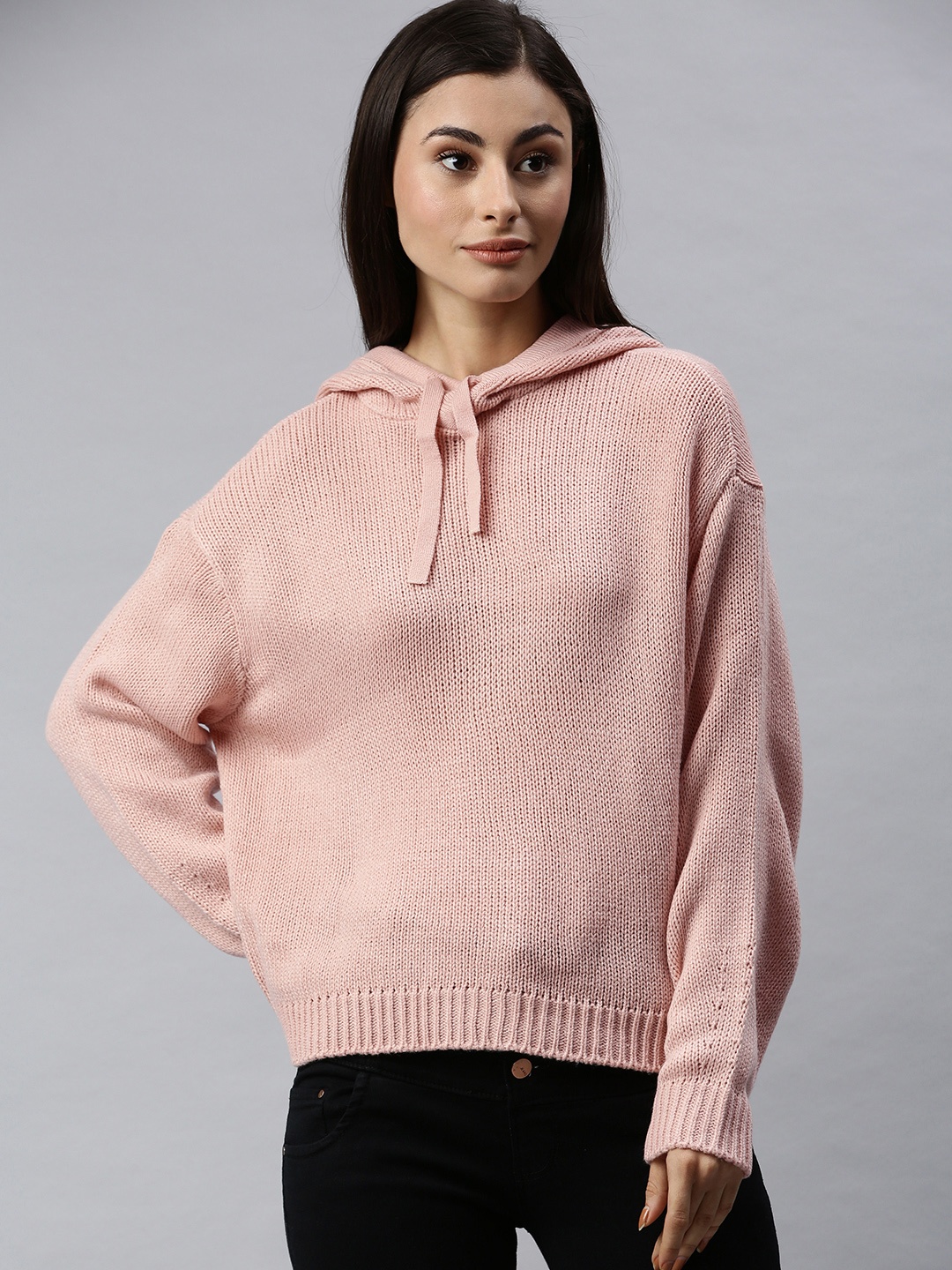 

ONLY Women Pink Solid Hooded Pullover Sweater
