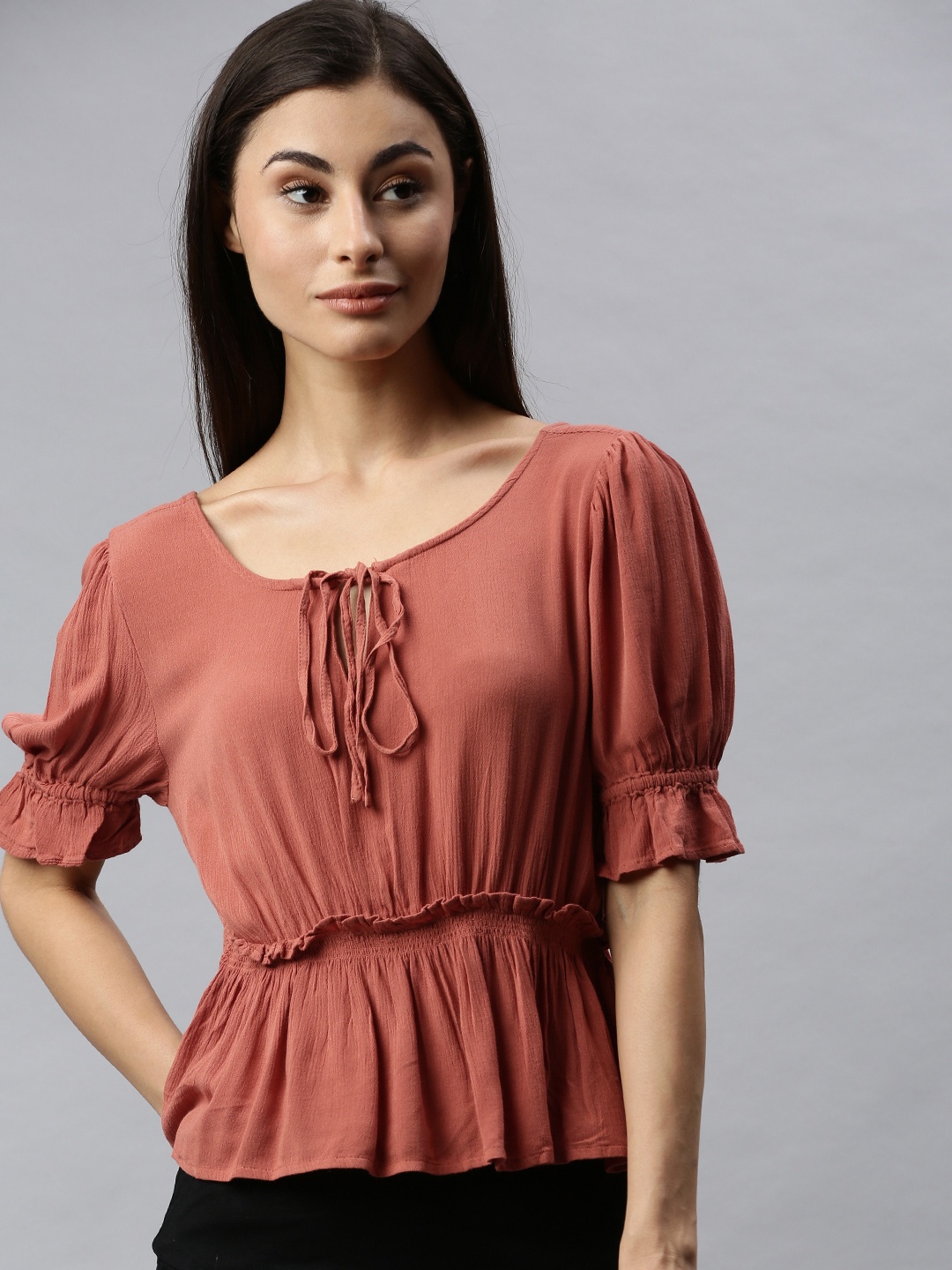 

ONLY Women Rust Red Solid Gathered Peplum Top with Tie-Up Neck