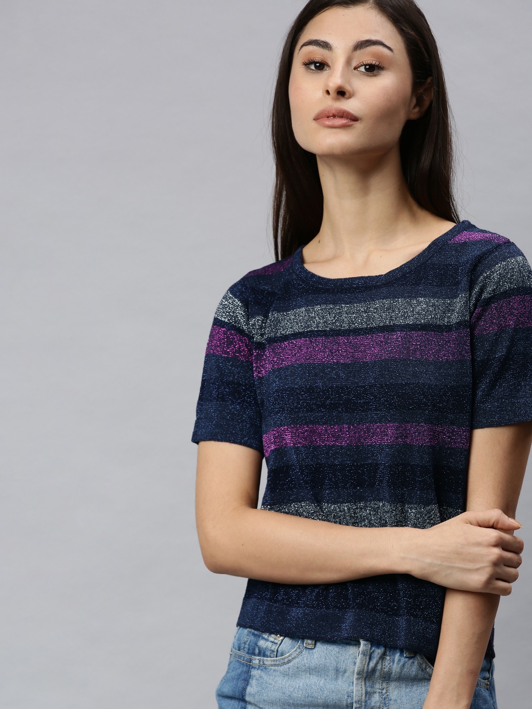 

ONLY Women Blue & Purple Striped Top