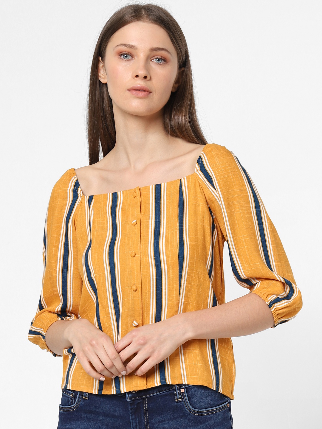 

ONLY Women Mustard Yellow & Navy Blue Striped Regular Top