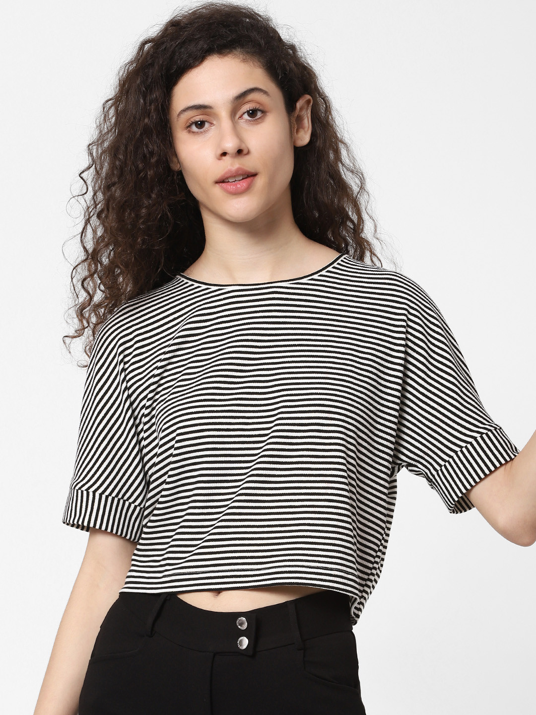 

ONLY Women White & Black Striped Styled Back Crop Top