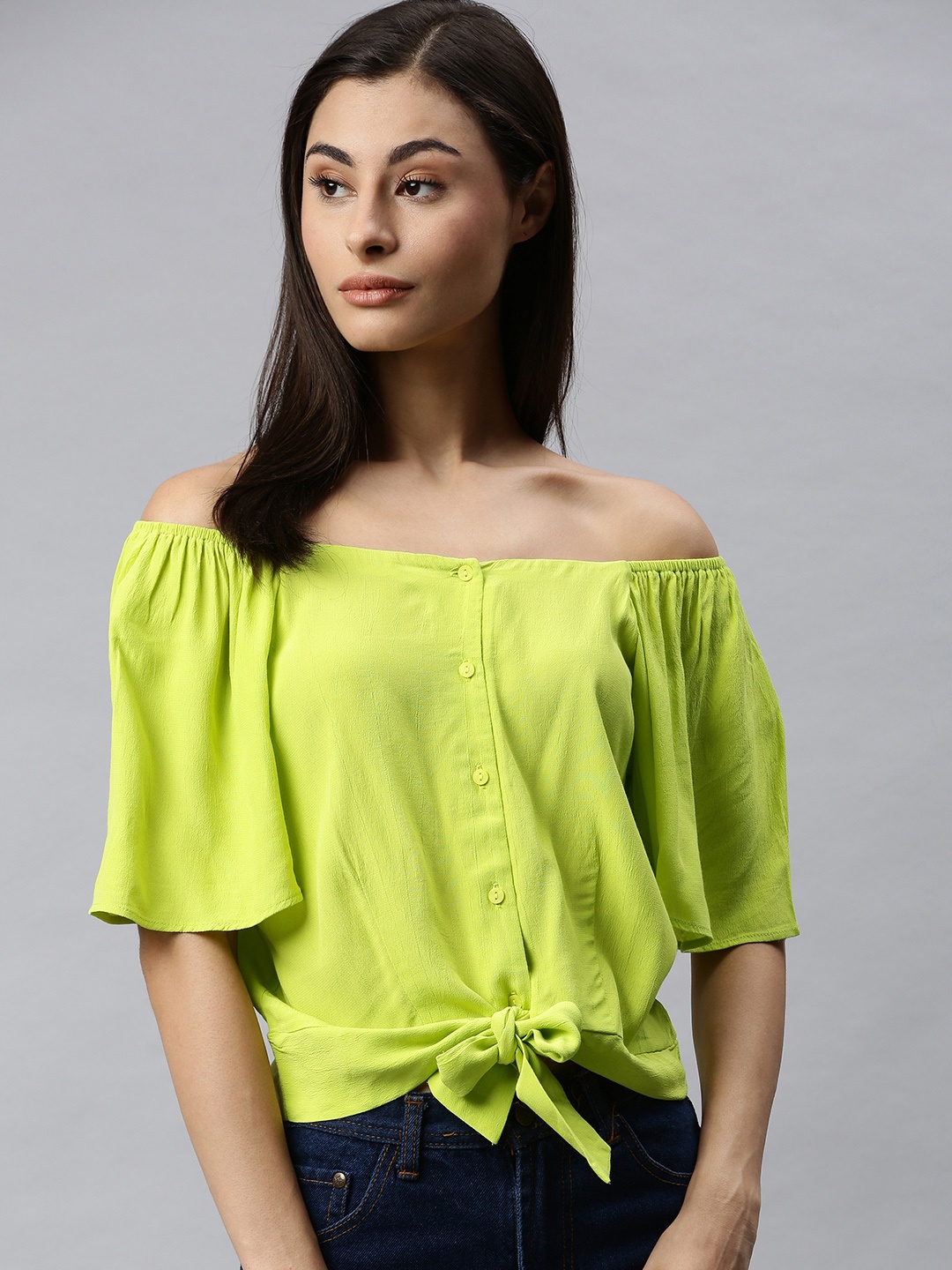 

ONLY Women Fluorescent Green Solid Bardot Top with Waist Tie-Ups