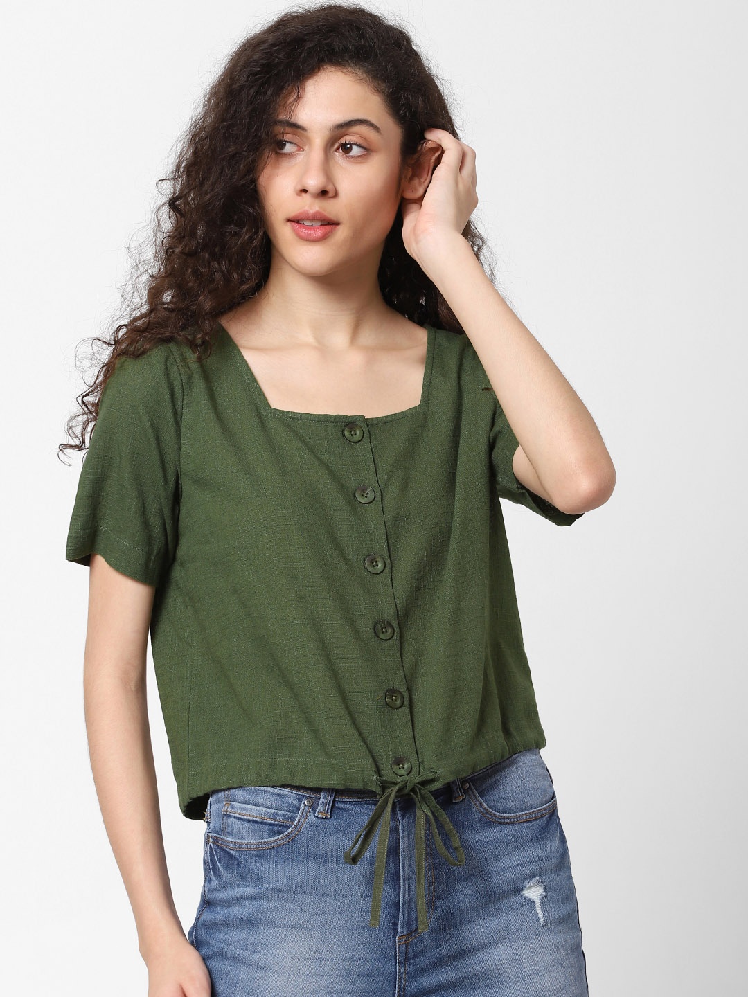 

ONLY Women Green Solid Regular Top with Waist Tie-Up Detail