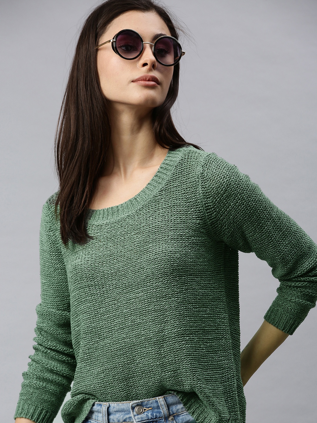 

ONLY Women Green Solid Pullover Sweater