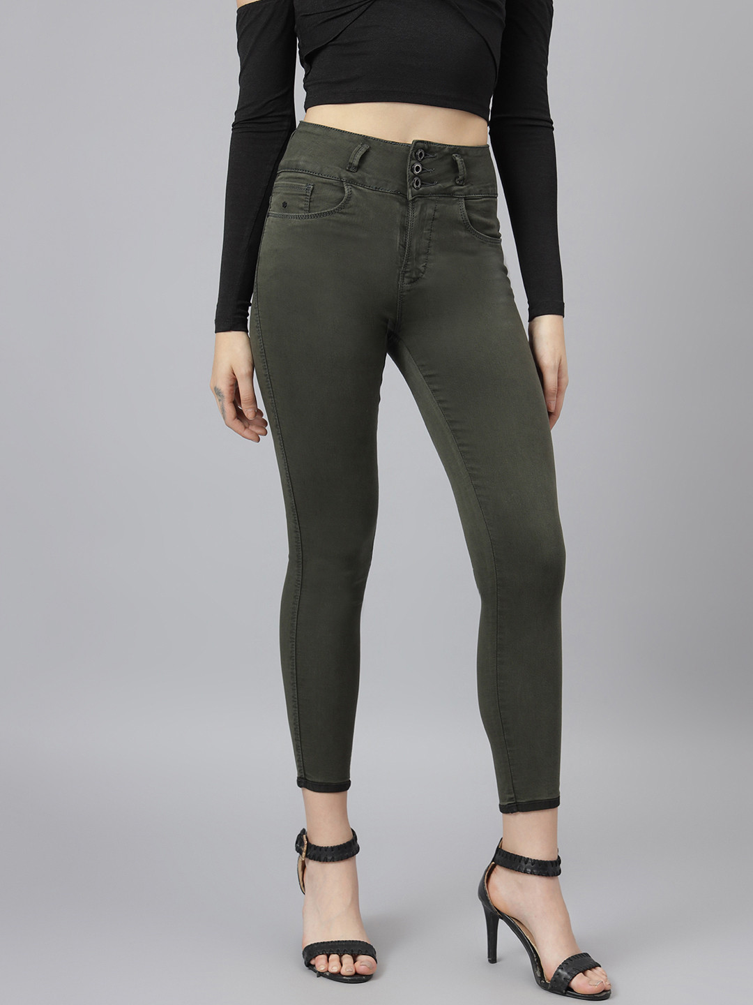 

Code 61 Women Olive Brown Skinny Fit High-Rise Clean Look Stretchable Jeans