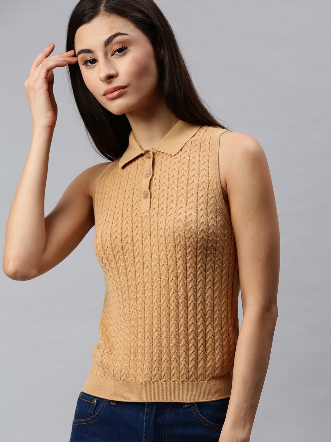 

ONLY Women Brown Self Design Polo Collar Pure Cotton T-shirt
