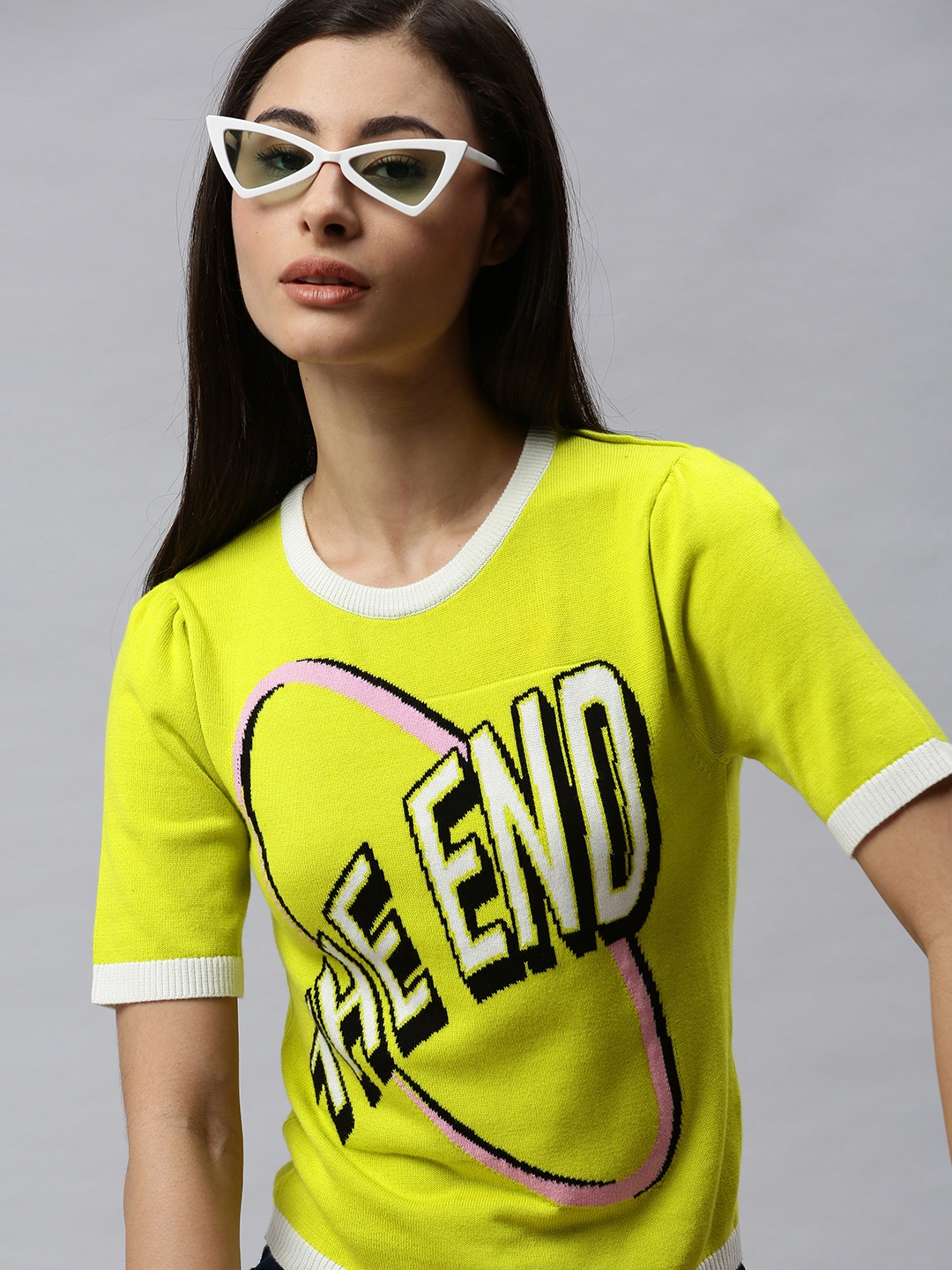 

ONLY Women Yellow Printed Round Neck Pure Cotton T-shirt