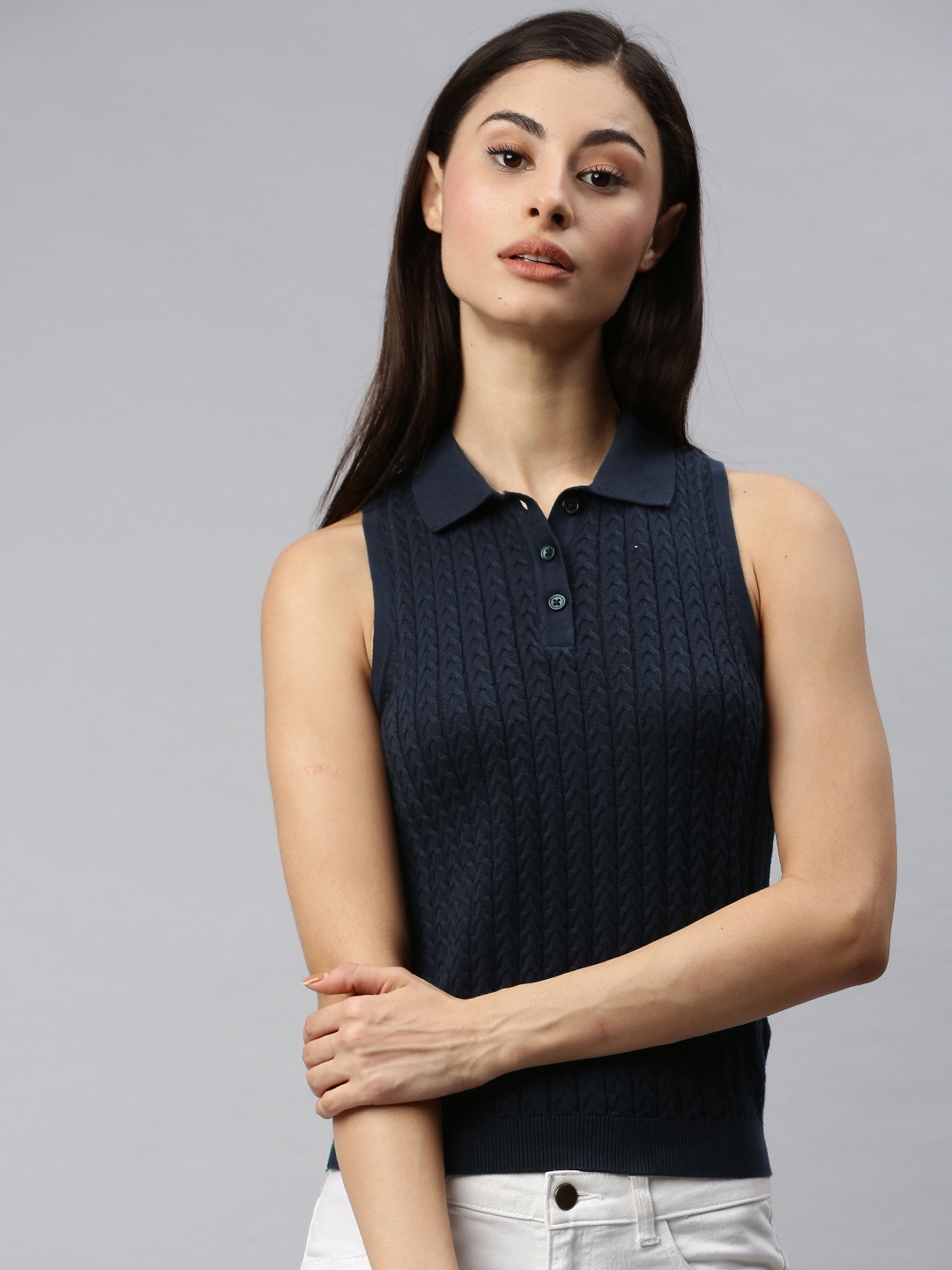 

ONLY Women Navy Blue Self Design Polo Collar Pure Cotton T-shirt