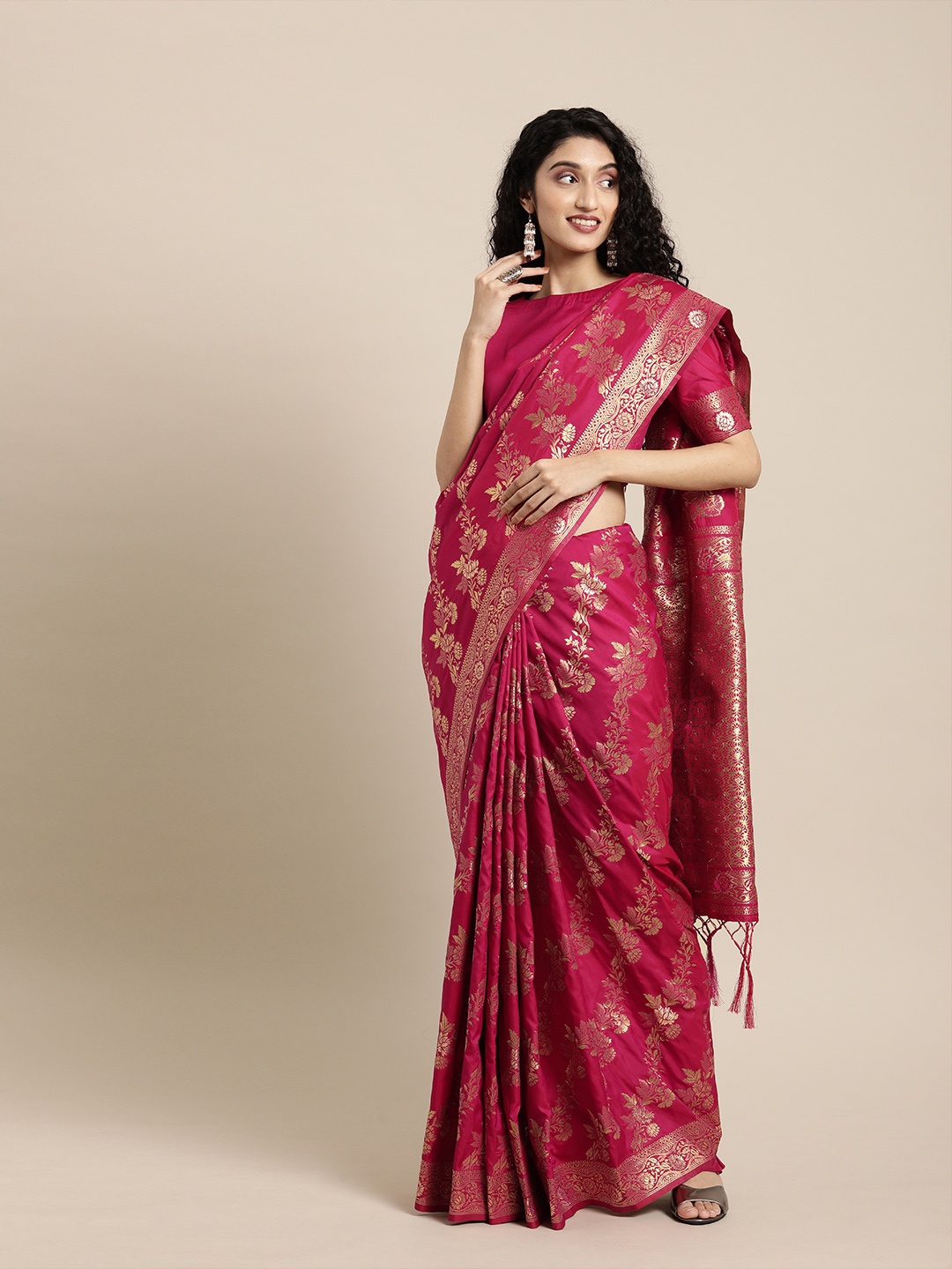 

Inddus Magenta & Gold-Toned Silk Blend Woven Design Banarasi Saree